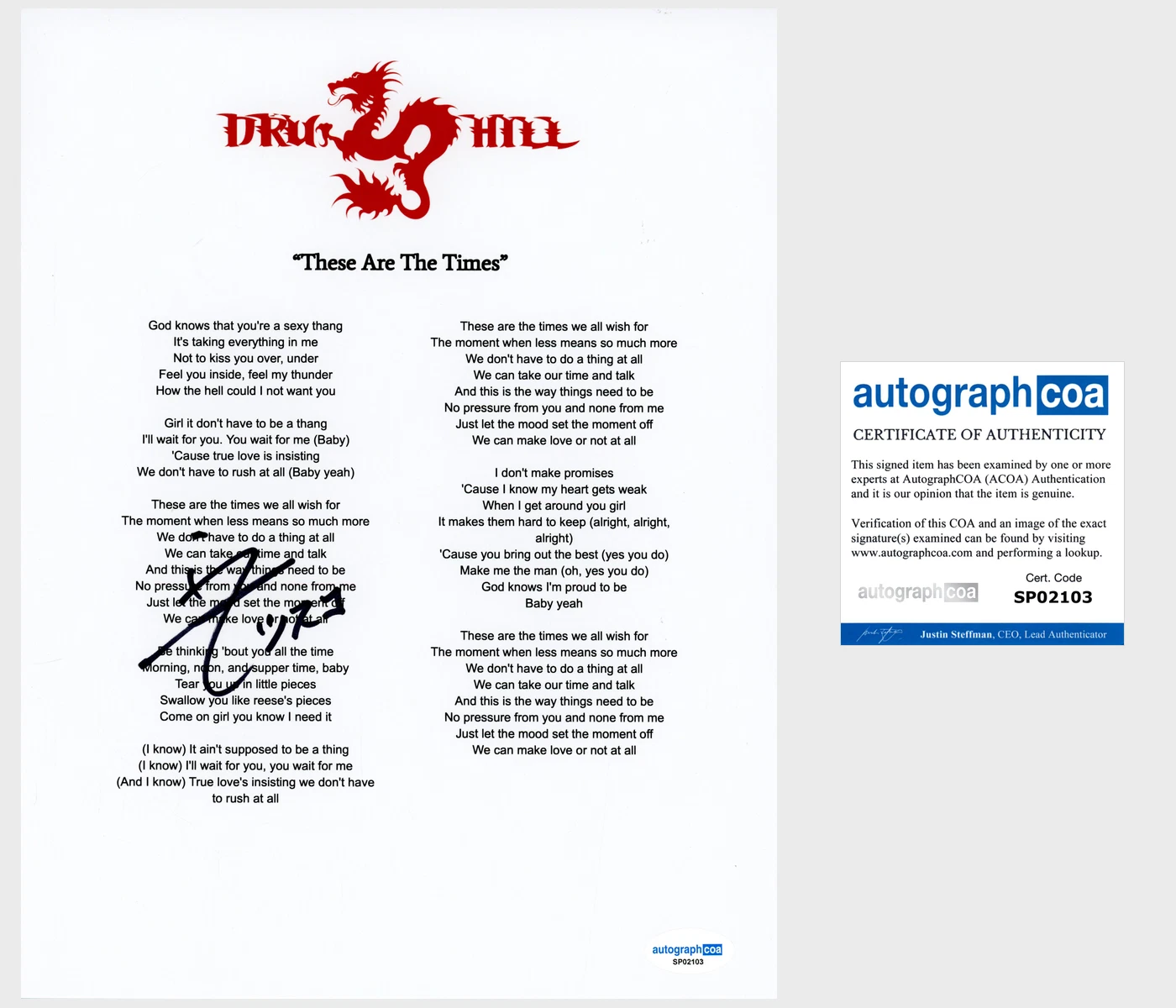 SISQO ‘DRU HILL’ FRONTMAN SIGNED LYRIC SHEET ‘THESE ARE THE TIMES’ ACOA COLLECTIBLE MEMORABILIA