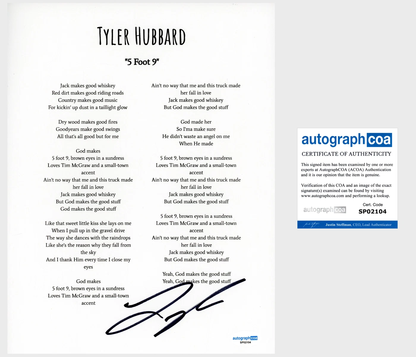 Tyler Hubbard ‘Florida Georgia Line’ Signed Lyric Sheet ‘5 Foot 9’ Country ACOA