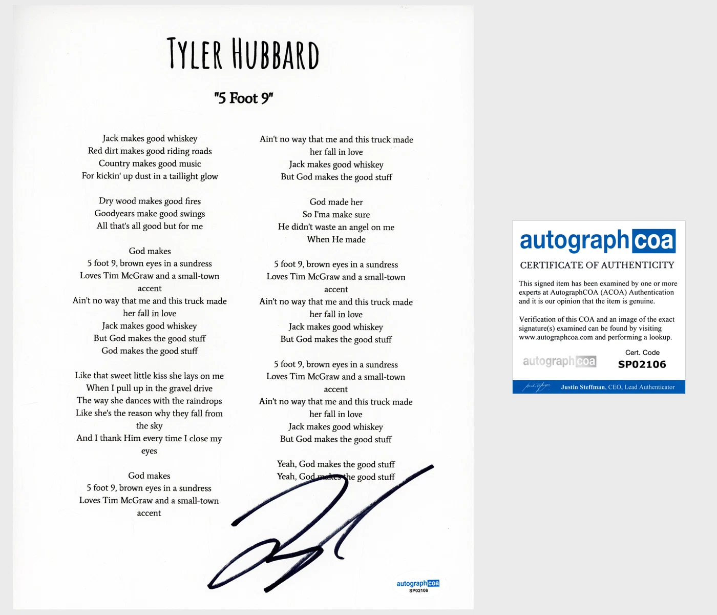 Tyler Hubbard ‘Florida Georgia Line’ Signed Lyric Sheet ‘5 Foot 9’ Country ACOA