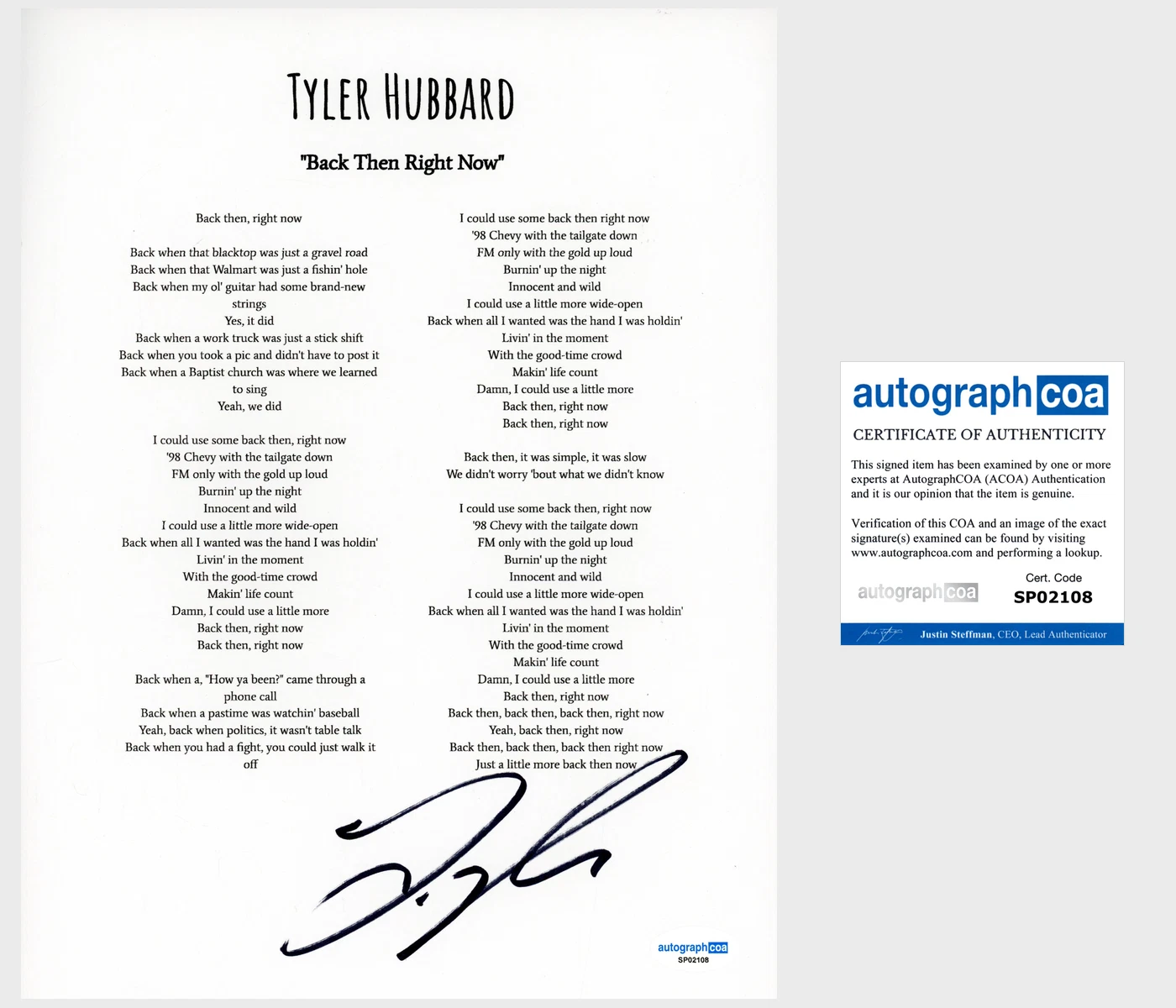 ‘TYLER HUBBARD’ SIGNED LYRIC SHEET ‘BACK THEN RIGHT NOW’ ACOA COLLECTIBLE MEMORABILIA