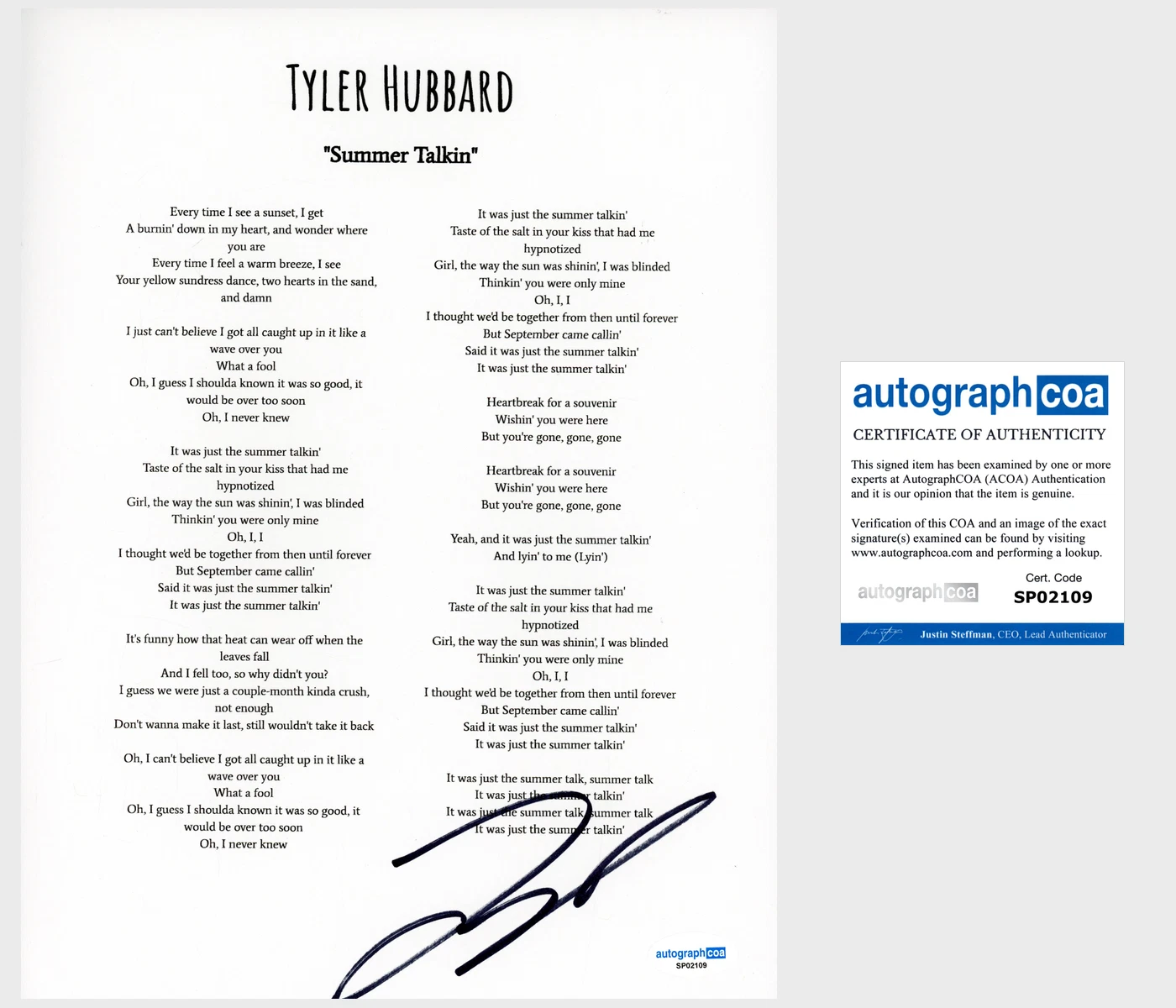 ‘TYLER HUBBARD’ SIGNED LYRIC SHEET ‘SUMMER TALKIN’ ACOA COLLECTIBLE MEMORABILIA