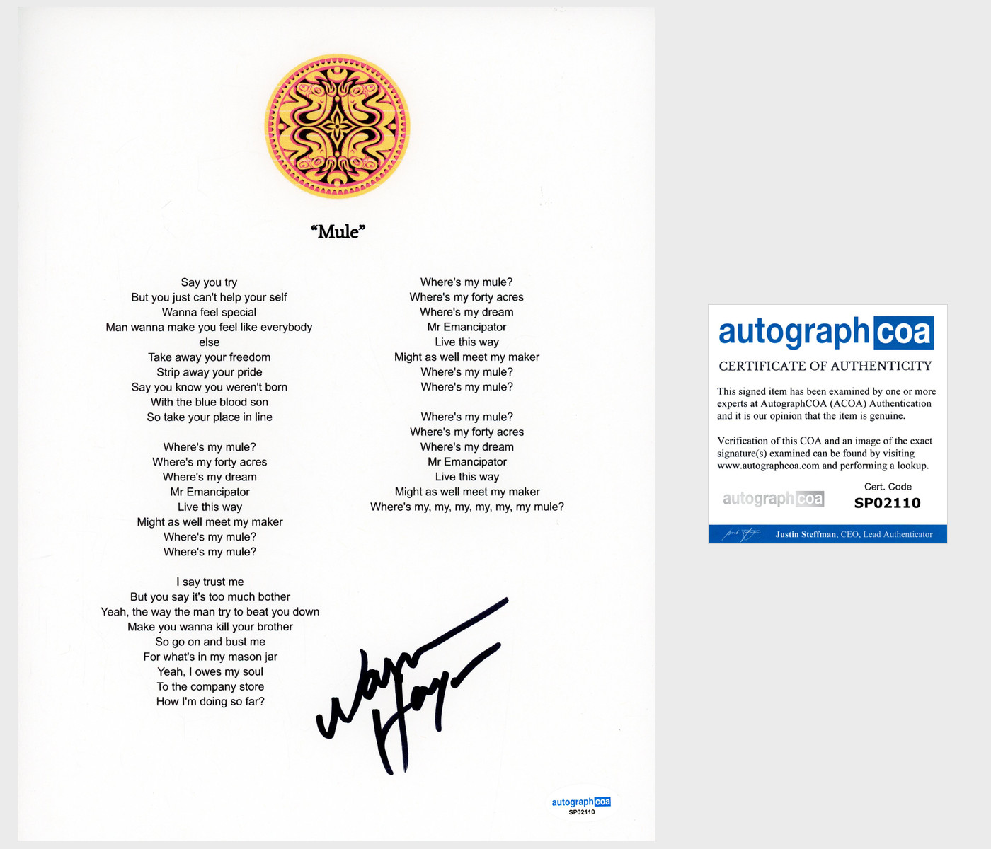 WARREN HAYNES ‘GOV’T MULE’ SIGNED LYRIC SHEET ‘MULE’ ACOA COLLECTIBLE MEMORABILIA