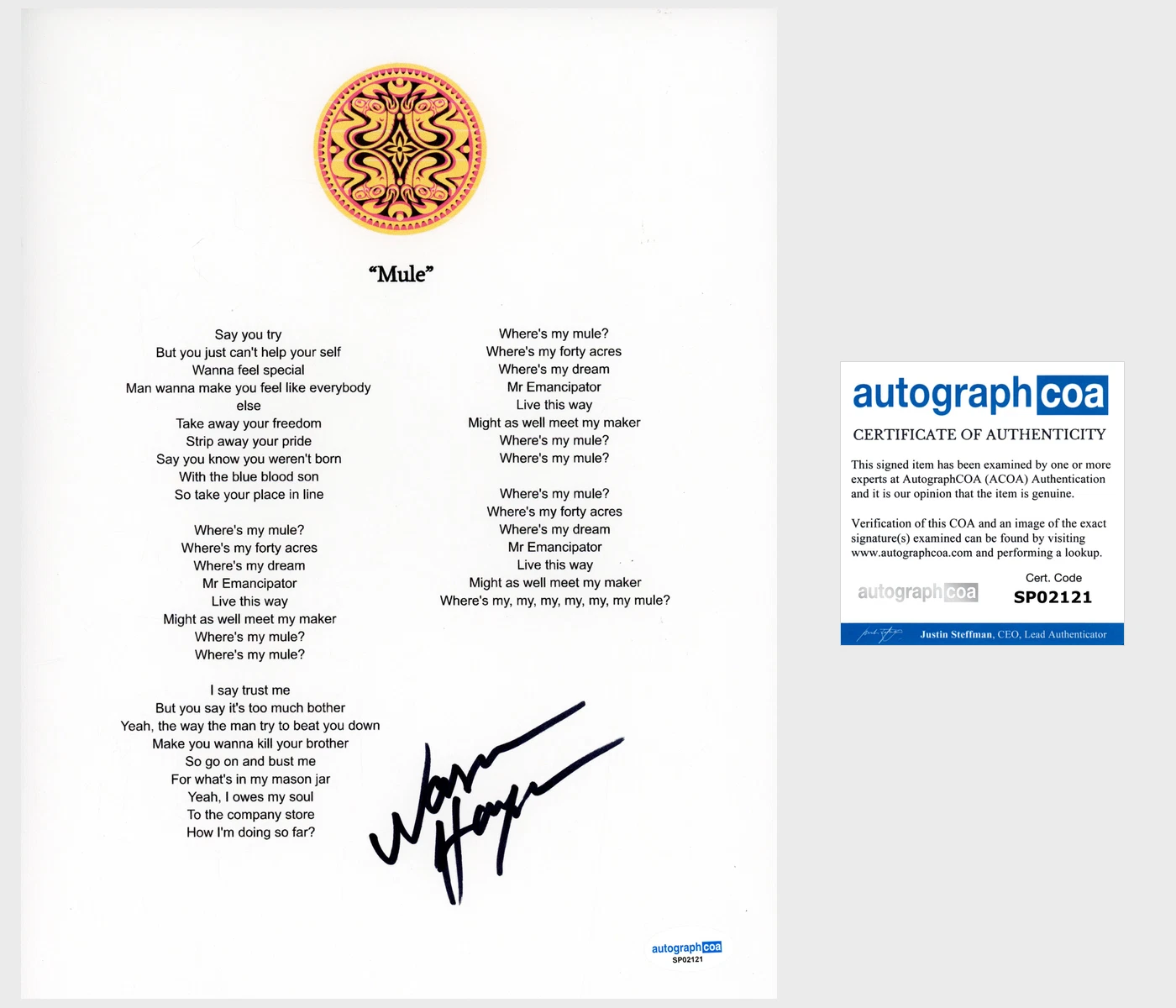 WARREN HAYNES ‘GOV’T MULE’ SIGNED LYRIC SHEET ‘MULE’ ACOA COLLECTIBLE MEMORABILIA