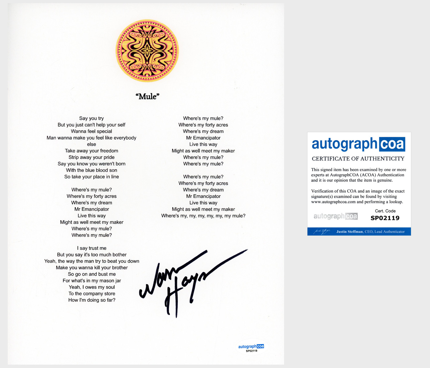 WARREN HAYNES ‘GOV’T MULE’ SIGNED LYRIC SHEET ‘MULE’ ACOA COLLECTIBLE MEMORABILIA