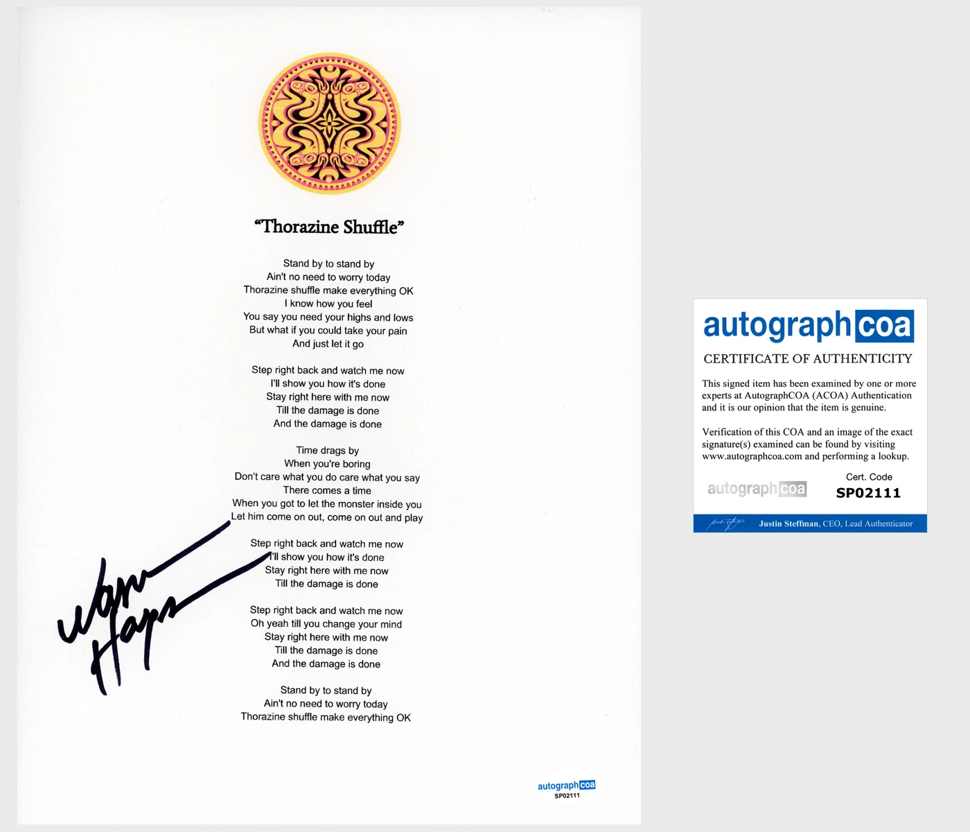 WARREN HAYNES ‘GOV’T MULE’ SIGNED LYRIC SHEET ‘THORAZINE SHUFFLE’ ACOA COLLECTIBLE MEMORABILIA