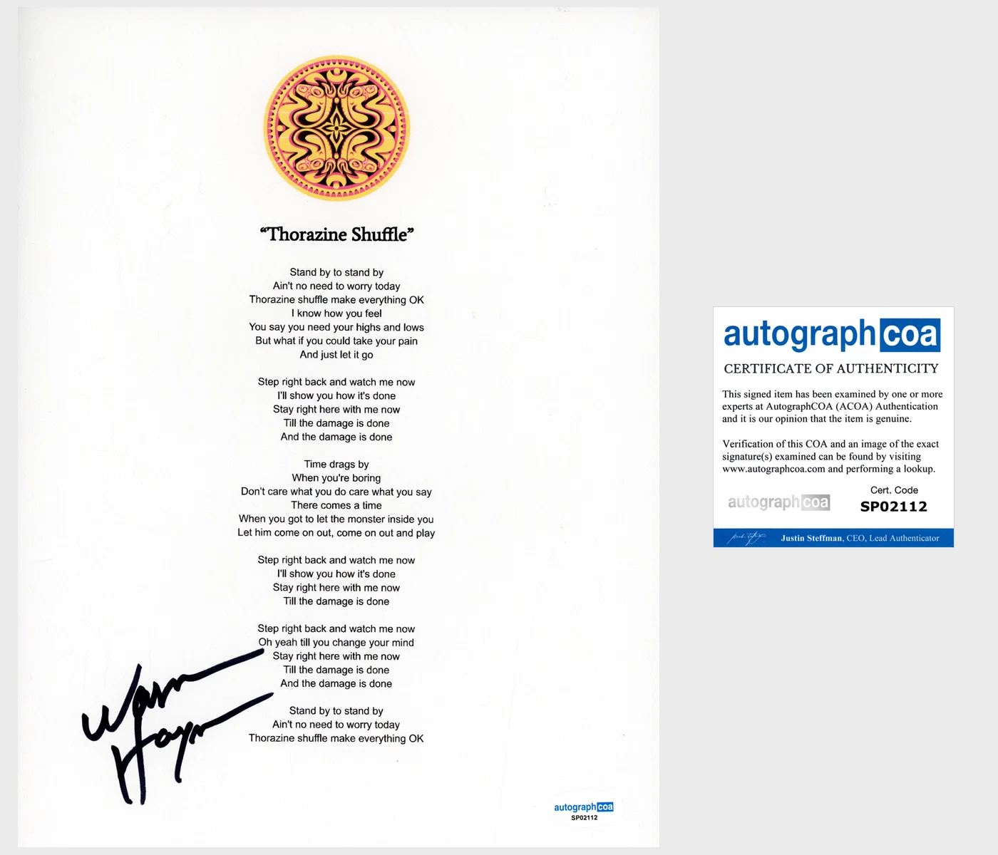 WARREN HAYNES ‘GOV’T MULE’ SIGNED LYRIC SHEET ‘THORAZINE SHUFFLE’ ACOA COLLECTIBLE MEMORABILIA
