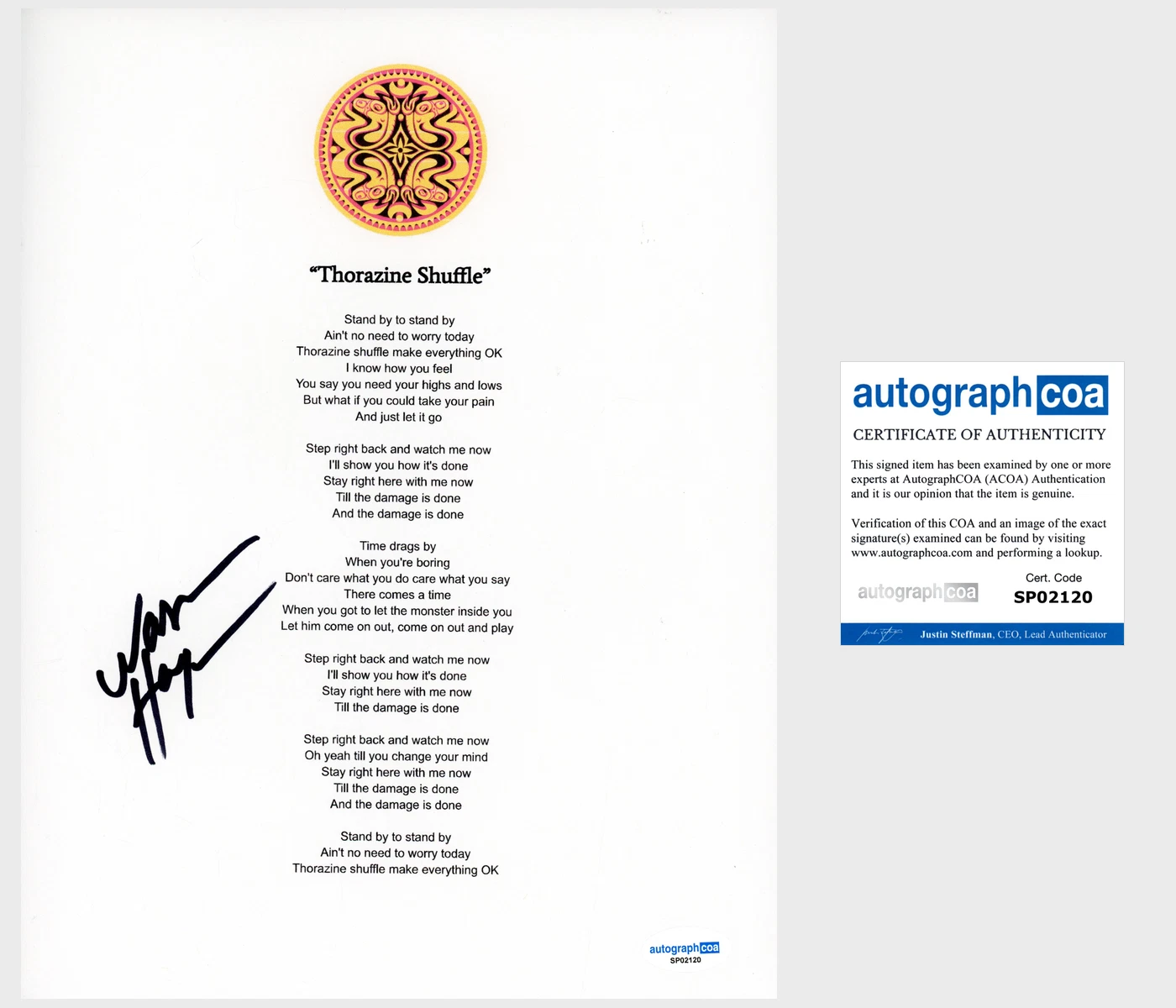 WARREN HAYNES ‘GOV’T MULE’ SIGNED LYRIC SHEET ‘THORAZINE SHUFFLE’ ACOA COLLECTIBLE MEMORABILIA