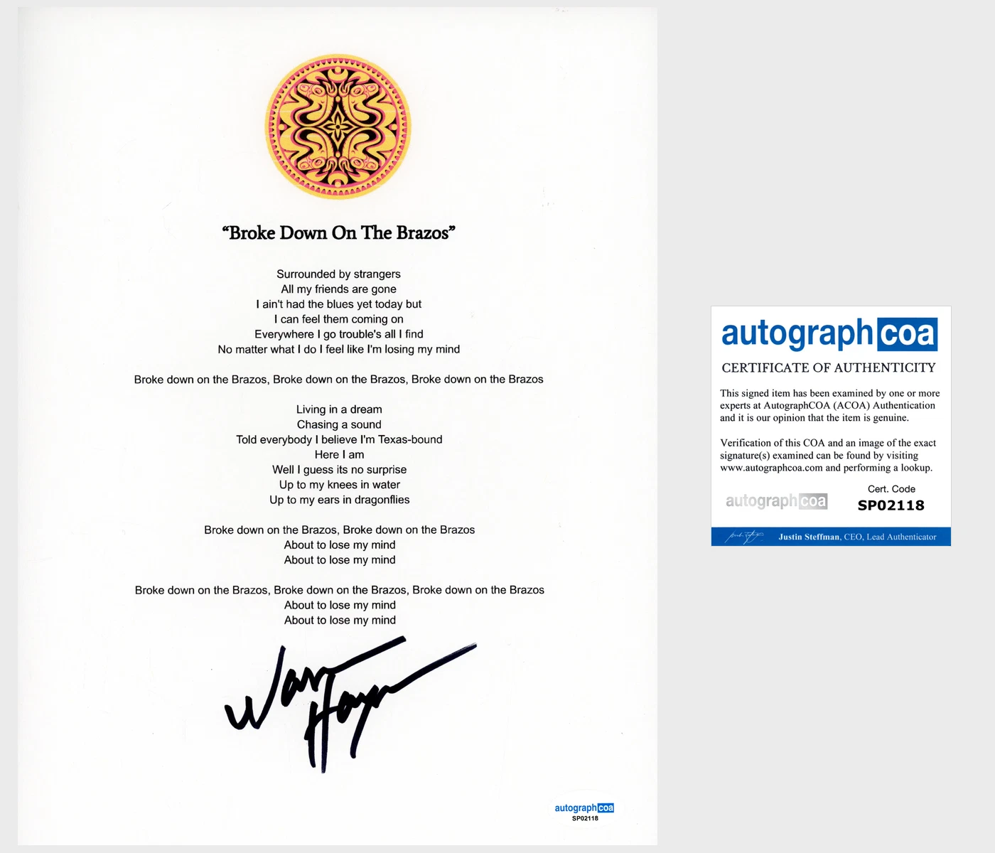 WARREN HAYNES ‘GOV’T MULE’ SIGNED LYRIC SHEET ‘BROKE DOWN ON THE BRAZOS’ ACOA COLLECTIBLE MEMORABILIA