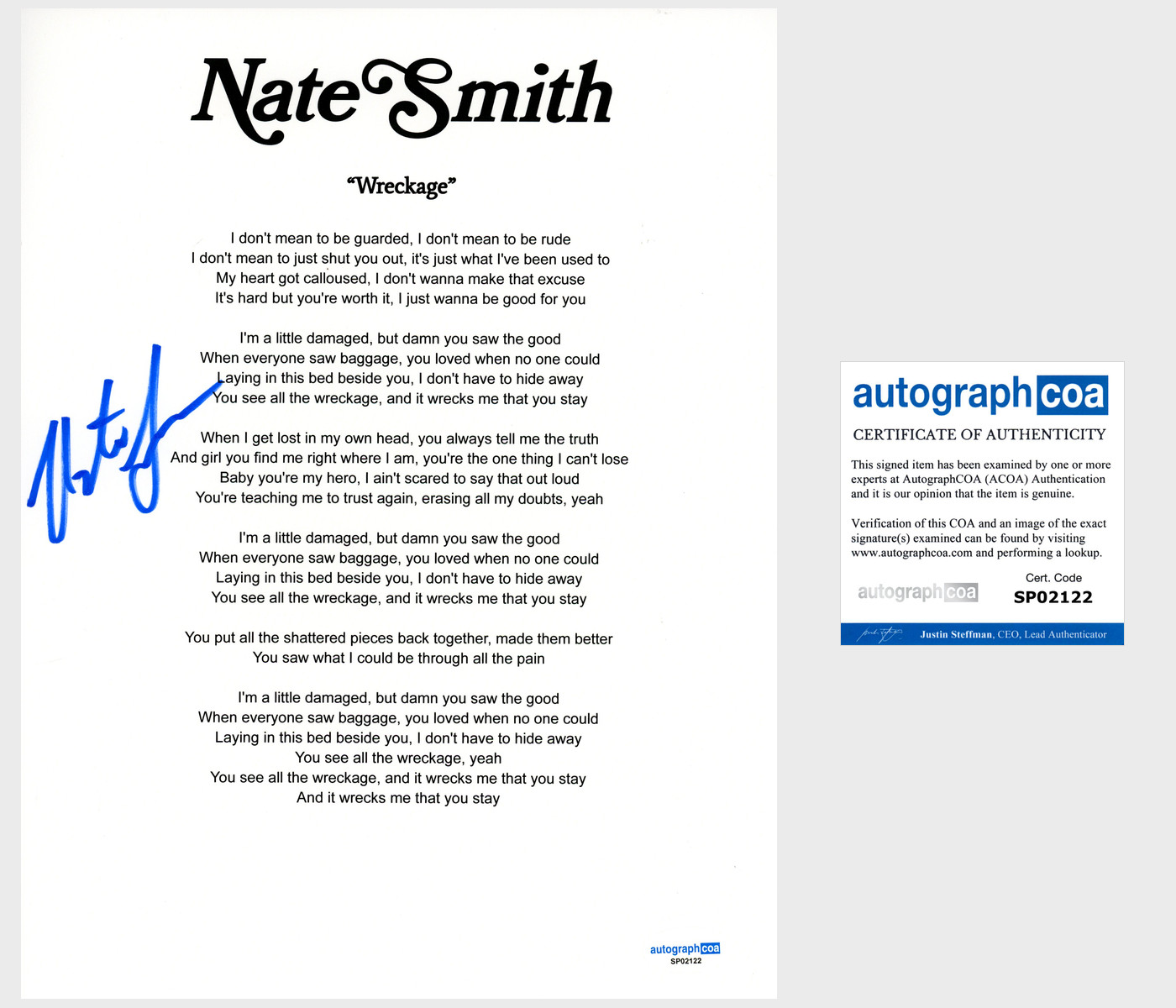 ‘Nate Smith’ Country Singer Signed ‘Wreckage’ Lyric Sheet Autograph ACOA