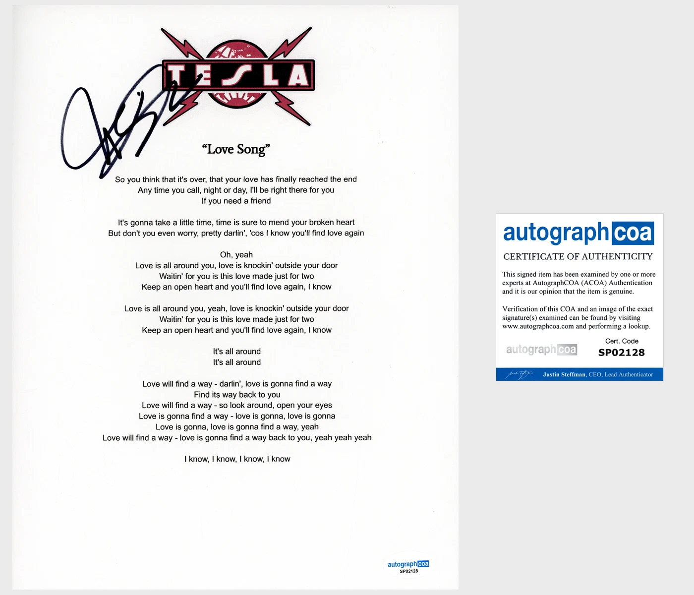 Jeff Keith 'Tesla' Band Signed 'Love Song' Lyric Sheet ACOA Lead Singer