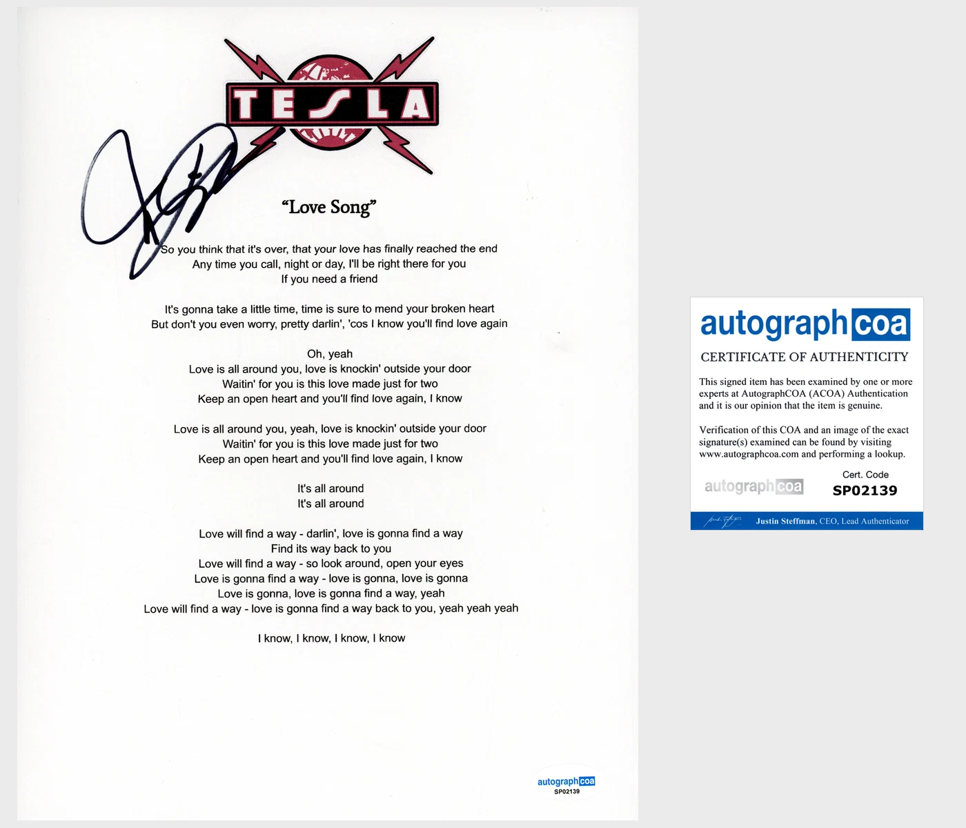 Jeff Keith 'Tesla' Band Signed 'Love Song' Lyric Sheet ACOA Lead Singer