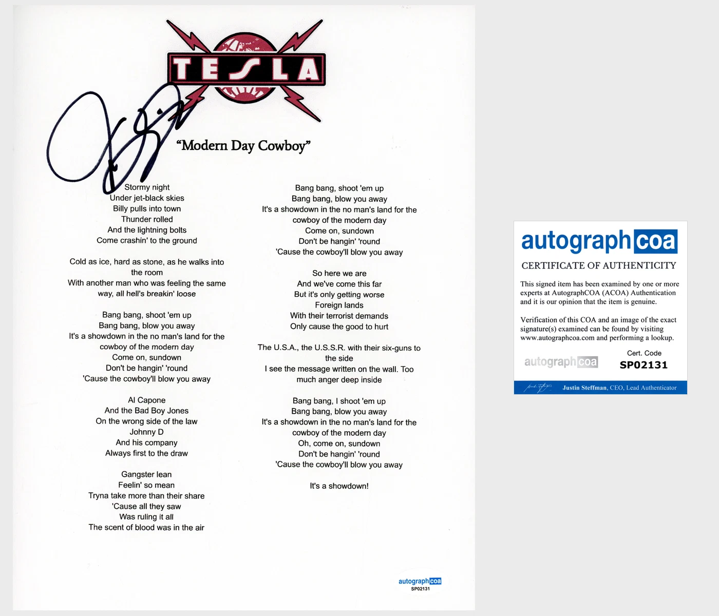 Jeff Keith 'Tesla' Band Signed 'Modern Day Cowboy' Lyric Sheet ACOA Lead Singer