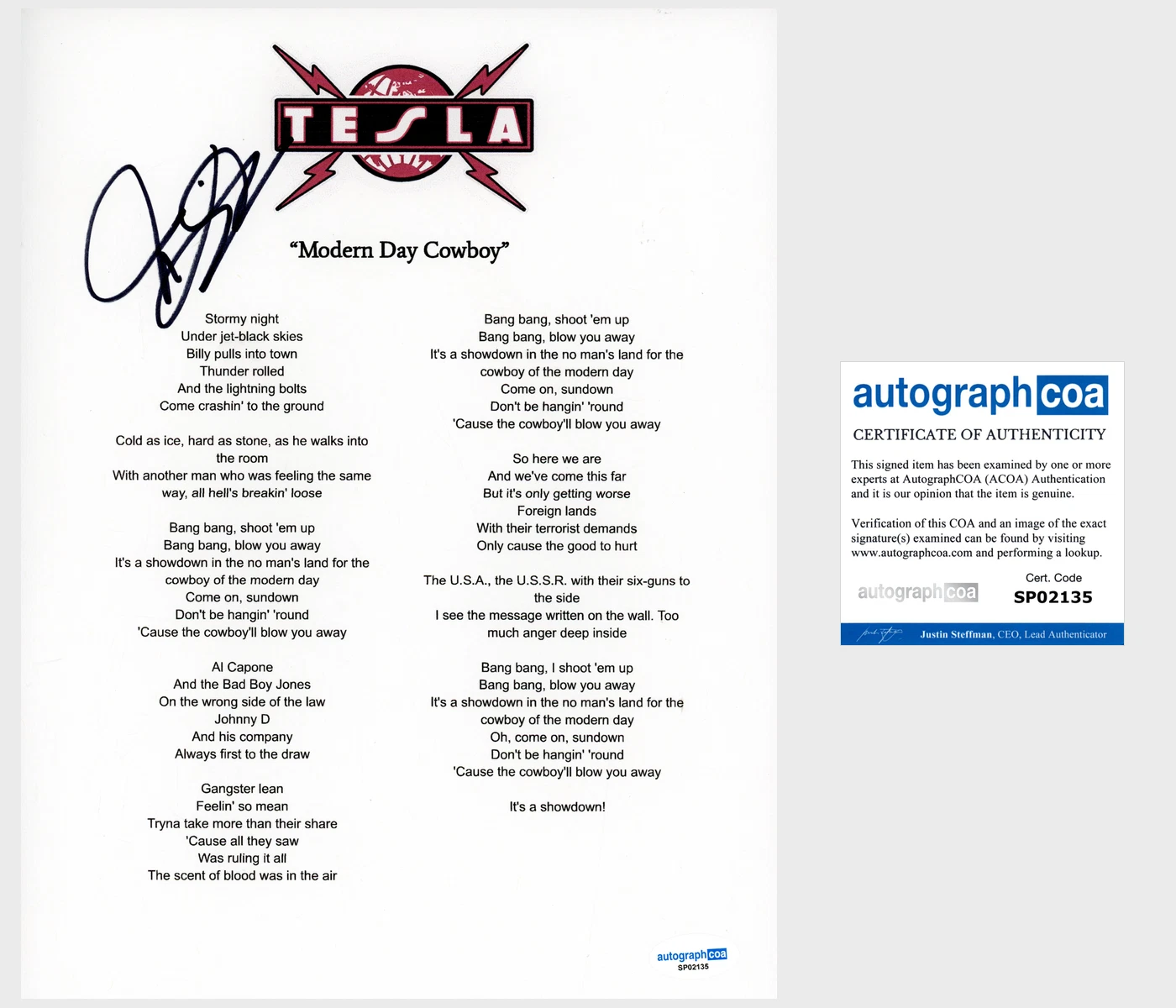 Jeff Keith 'Tesla' Band Signed 'Modern Day Cowboy' Lyric Sheet ACOA Lead Singer