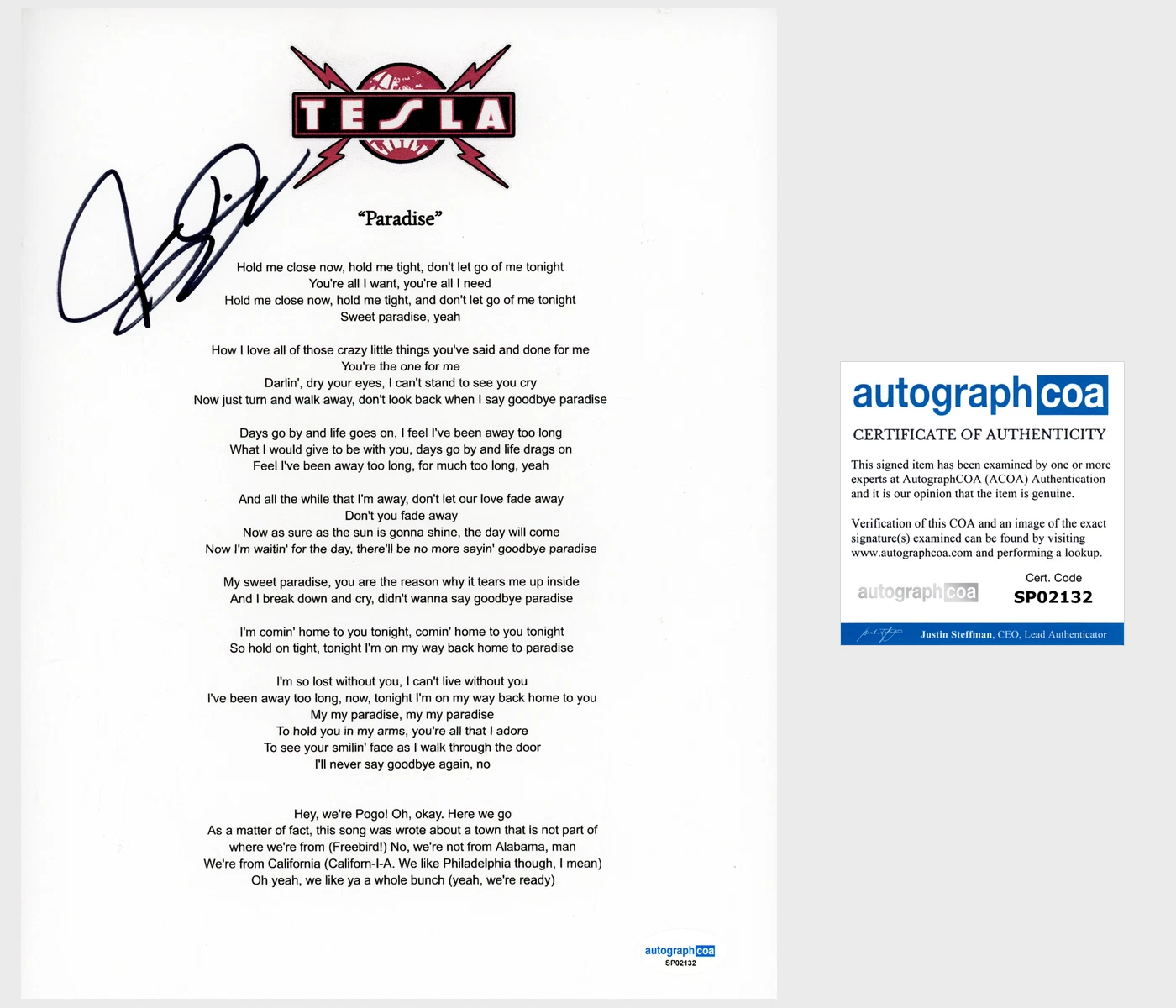 Jeff Keith 'Tesla' Band Signed 'Paradise' Lyric Sheet ACOA Lead Singer