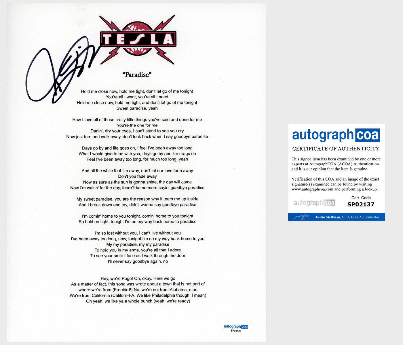 Jeff Keith 'Tesla' Band Signed 'Paradise' Lyric Sheet ACOA Lead Singer