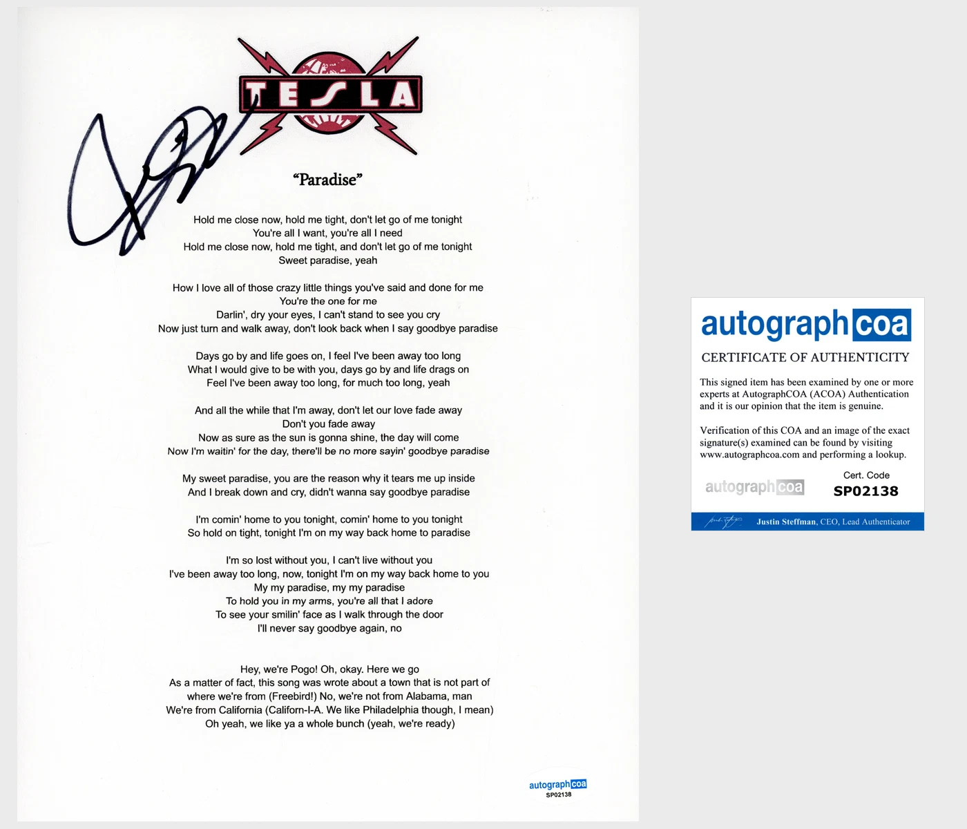 Jeff Keith 'Tesla' Band Signed 'Paradise' Lyric Sheet ACOA Lead Singer