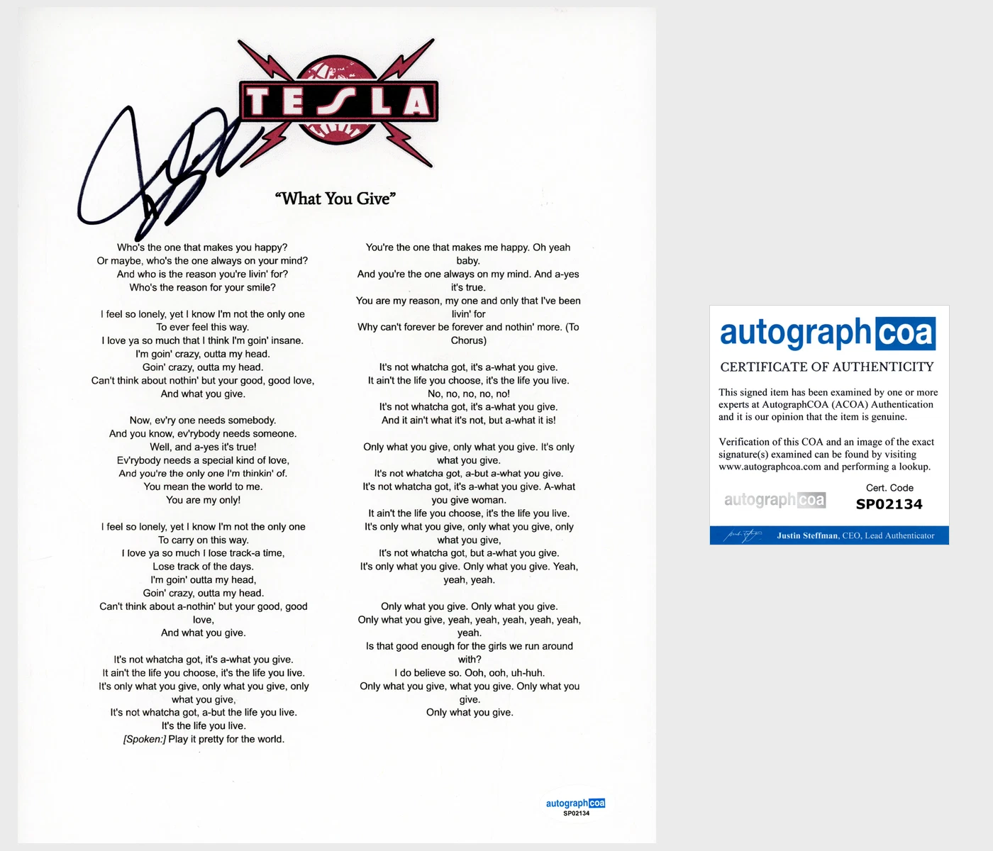 Jeff Keith 'Tesla' Band Signed 'What You Give' Lyric Sheet ACOA Lead Singer