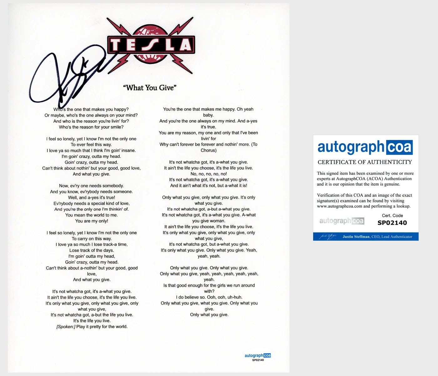 Jeff Keith 'Tesla' Band Signed 'What You Give' Lyric Sheet ACOA Lead Singer