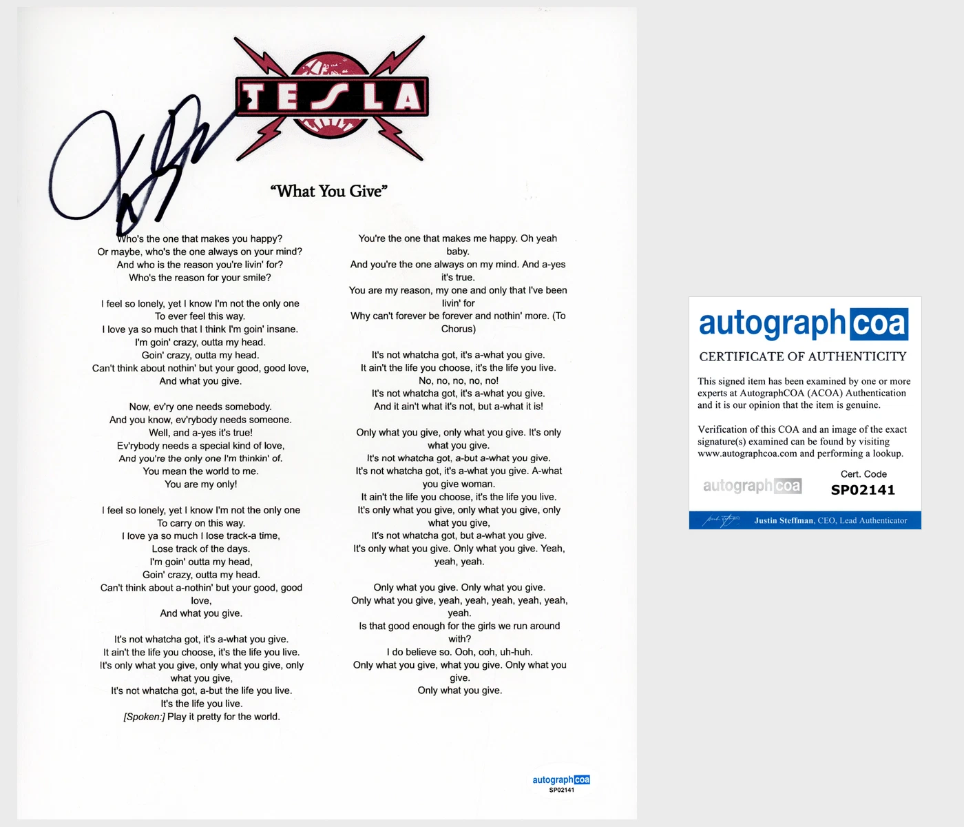 Jeff Keith 'Tesla' Band Signed 'What You Give' Lyric Sheet ACOA Lead Singer