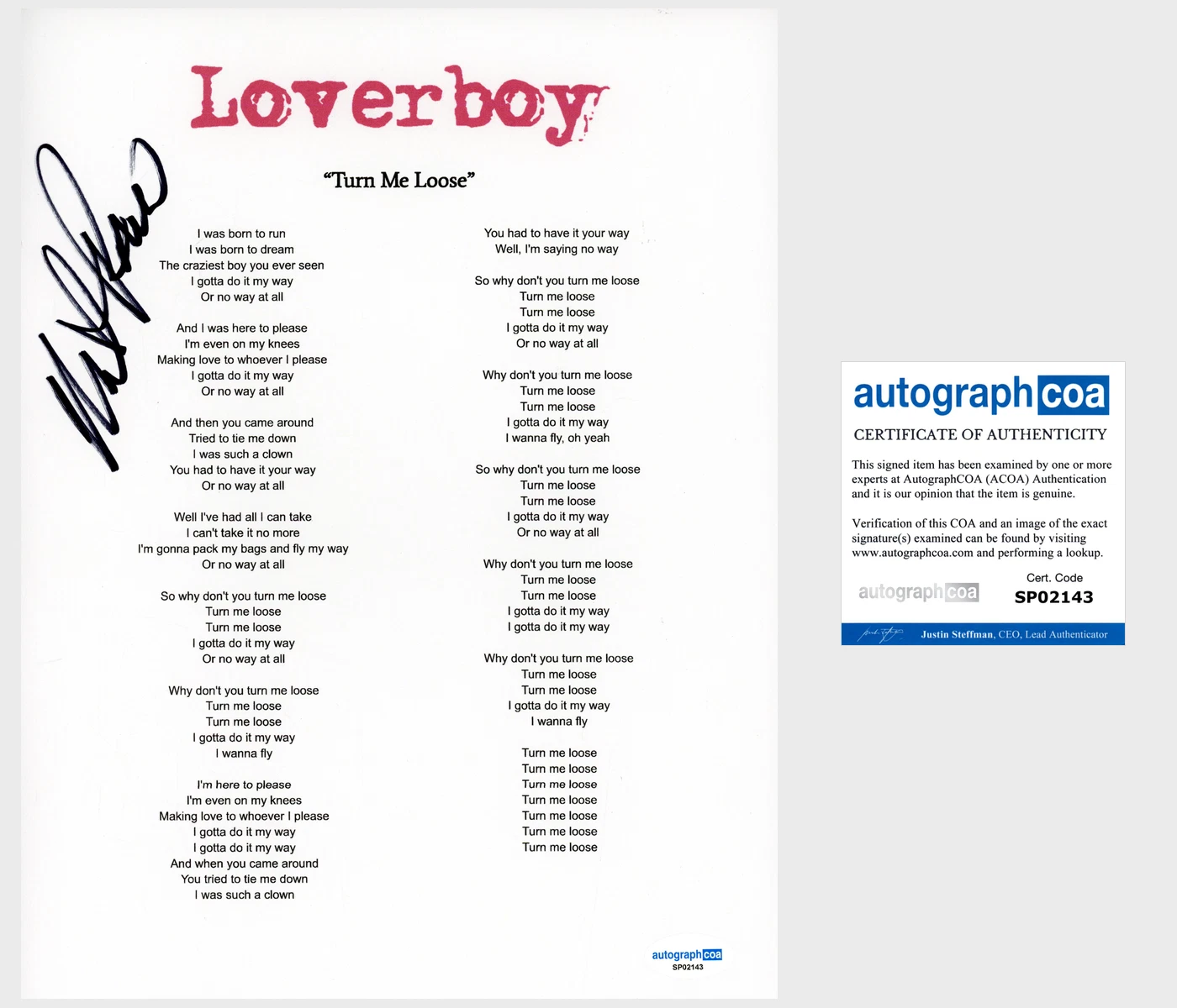 Mike Reno ‘Loverboy’ Band Signed 'Turn Me Loose' Lyric Sheet ACOA Lead Singer