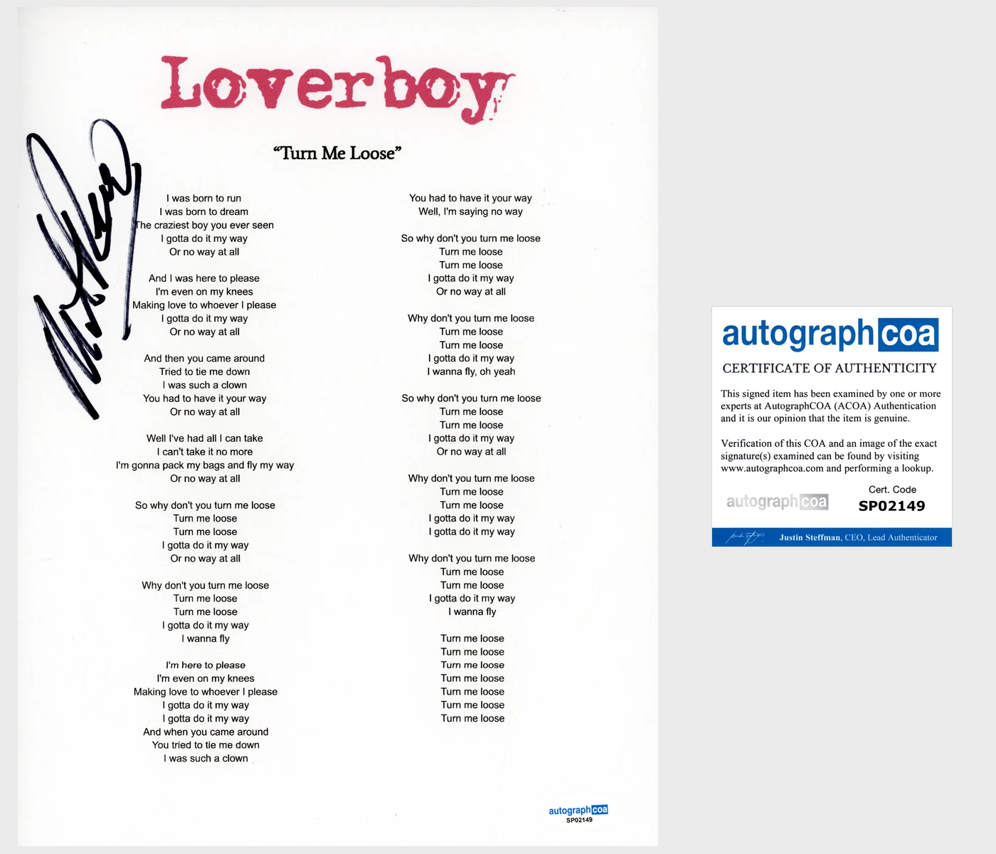 Mike Reno ‘Loverboy’ Band Signed 'Turn Me Loose' Lyric Sheet ACOA Lead Singer