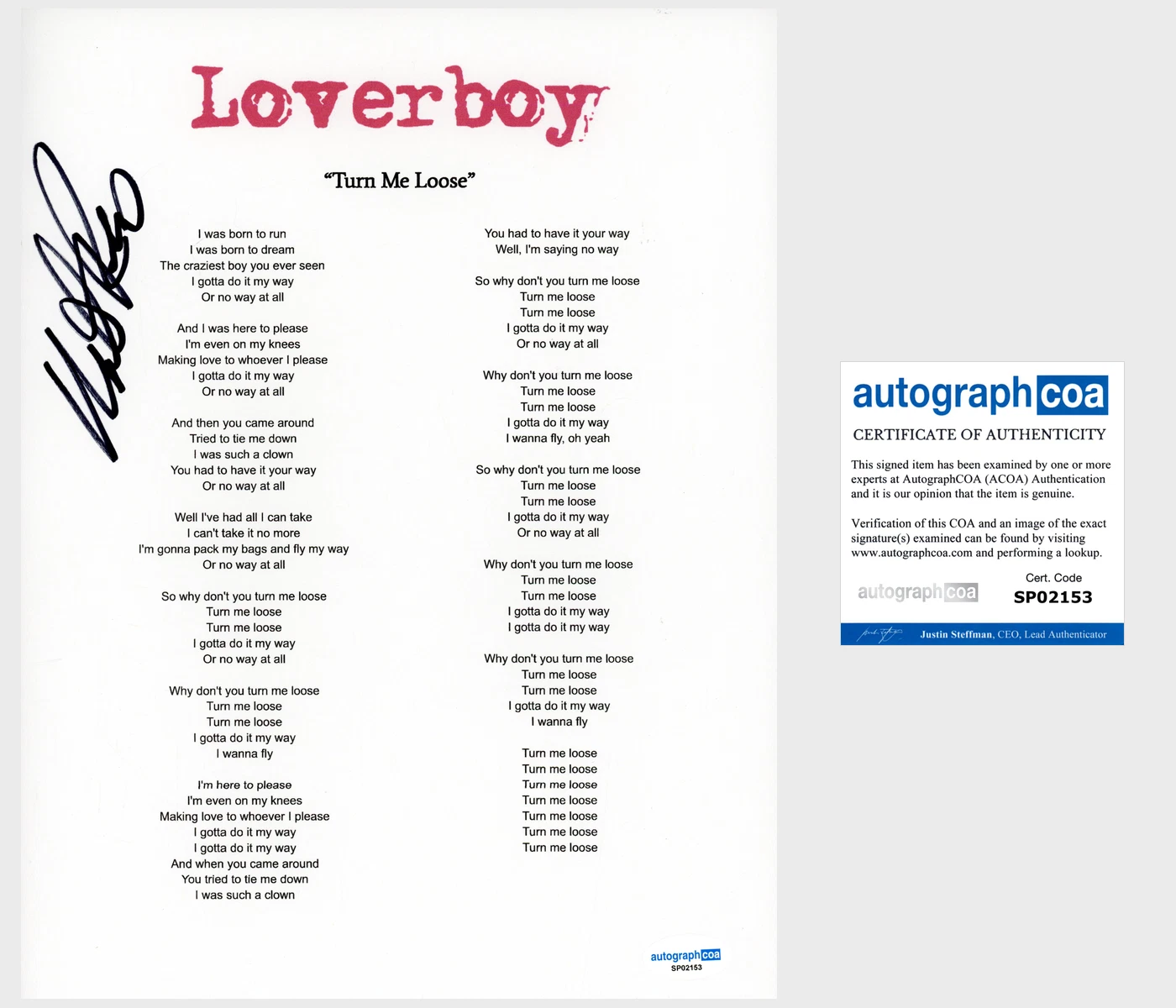 Mike Reno ‘Loverboy’ Band Signed 'Turn Me Loose' Lyric Sheet ACOA Lead Singer