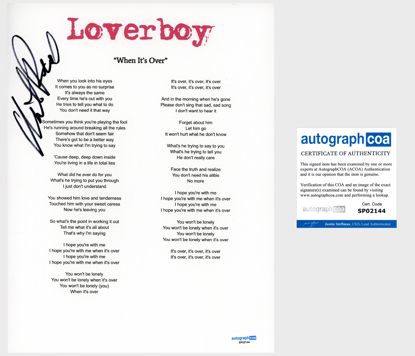 Mike Reno ‘Loverboy’ Band Signed 'When It's Over' Lyric Sheet ACOA Lead Singer