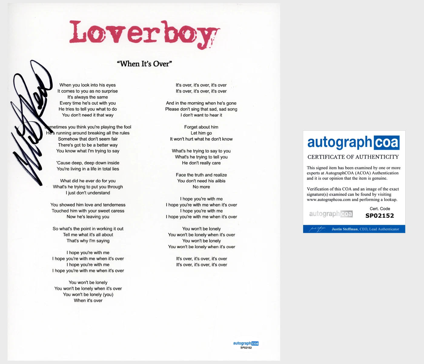 Mike Reno ‘Loverboy’ Band Signed 'When It's Over' Lyric Sheet ACOA Lead Singer