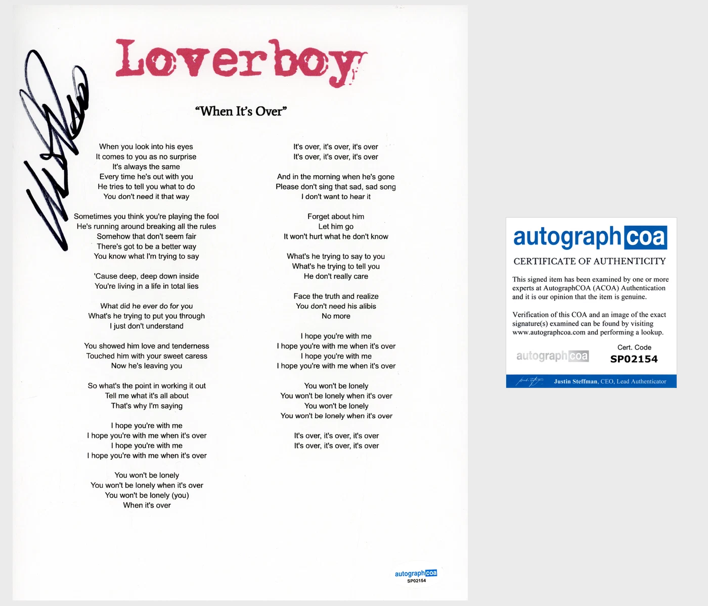 Mike Reno ‘Loverboy’ Band Signed 'When It's Over' Lyric Sheet ACOA Lead Singer