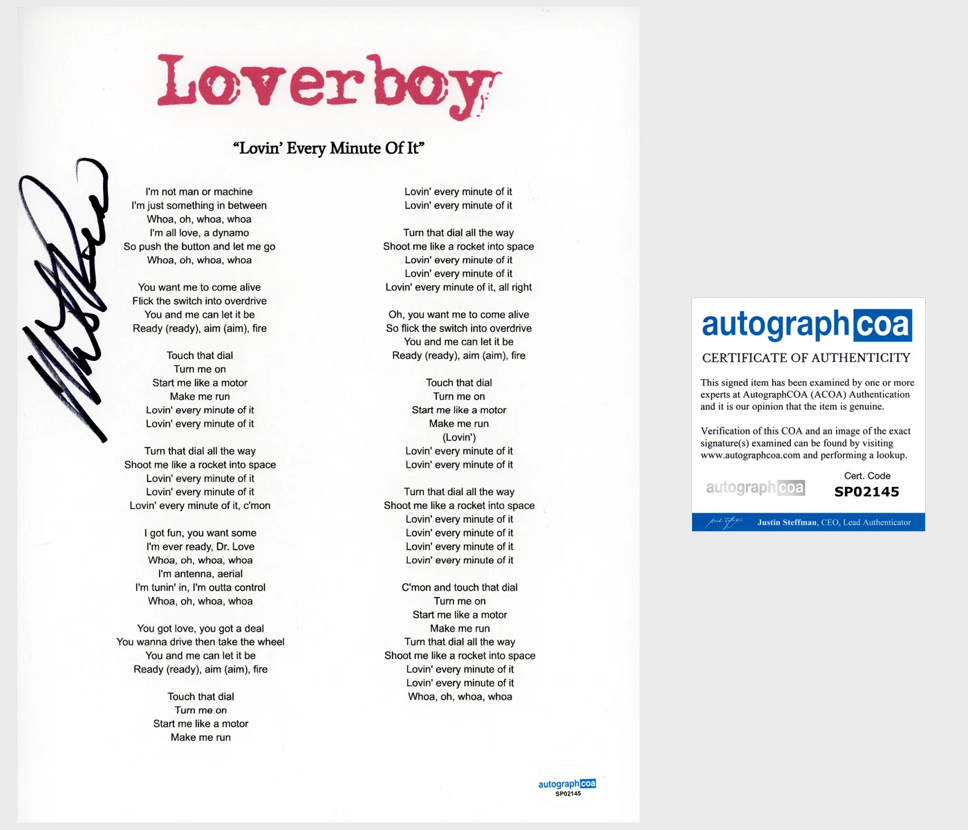 Mike Reno ‘Loverboy’ Band Signed 'Lovin' Every Minute Of It' Lyric Sheet ACOA