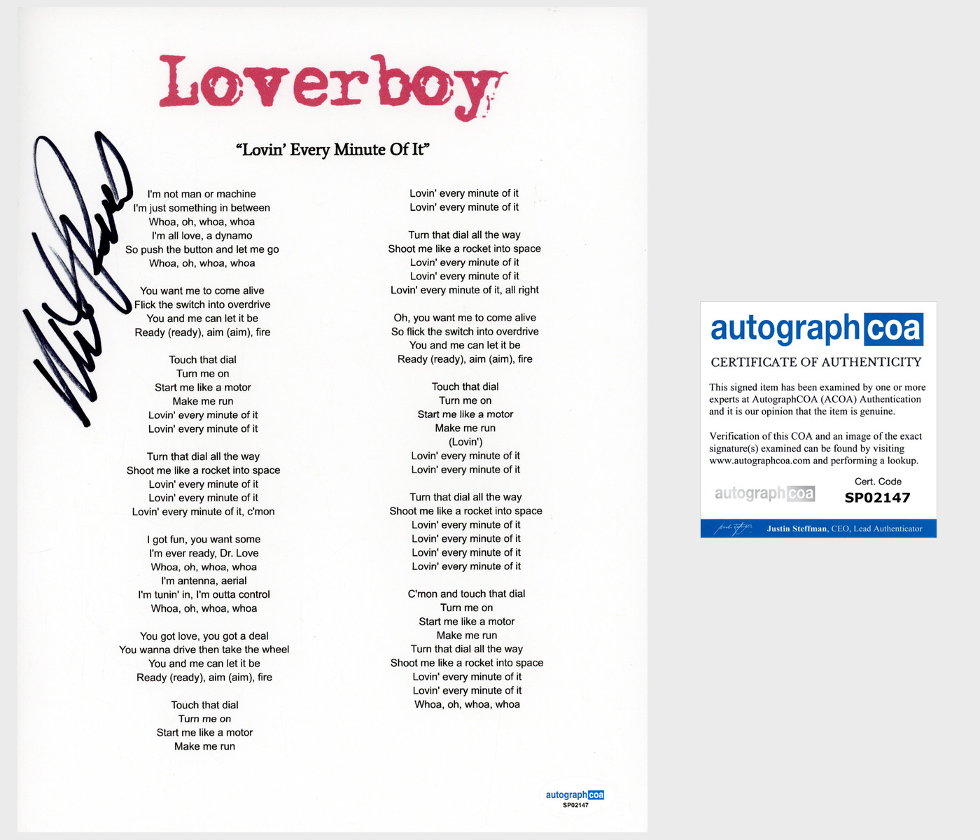 Mike Reno ‘Loverboy’ Band Signed 'Lovin' Every Minute Of It' Lyric Sheet ACOA