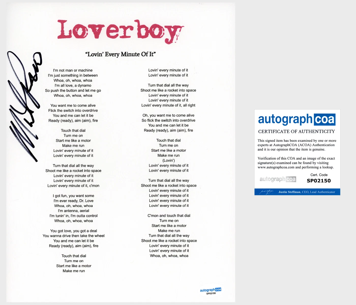 Mike Reno ‘Loverboy’ Band Signed 'Lovin' Every Minute Of It' Lyric Sheet ACOA