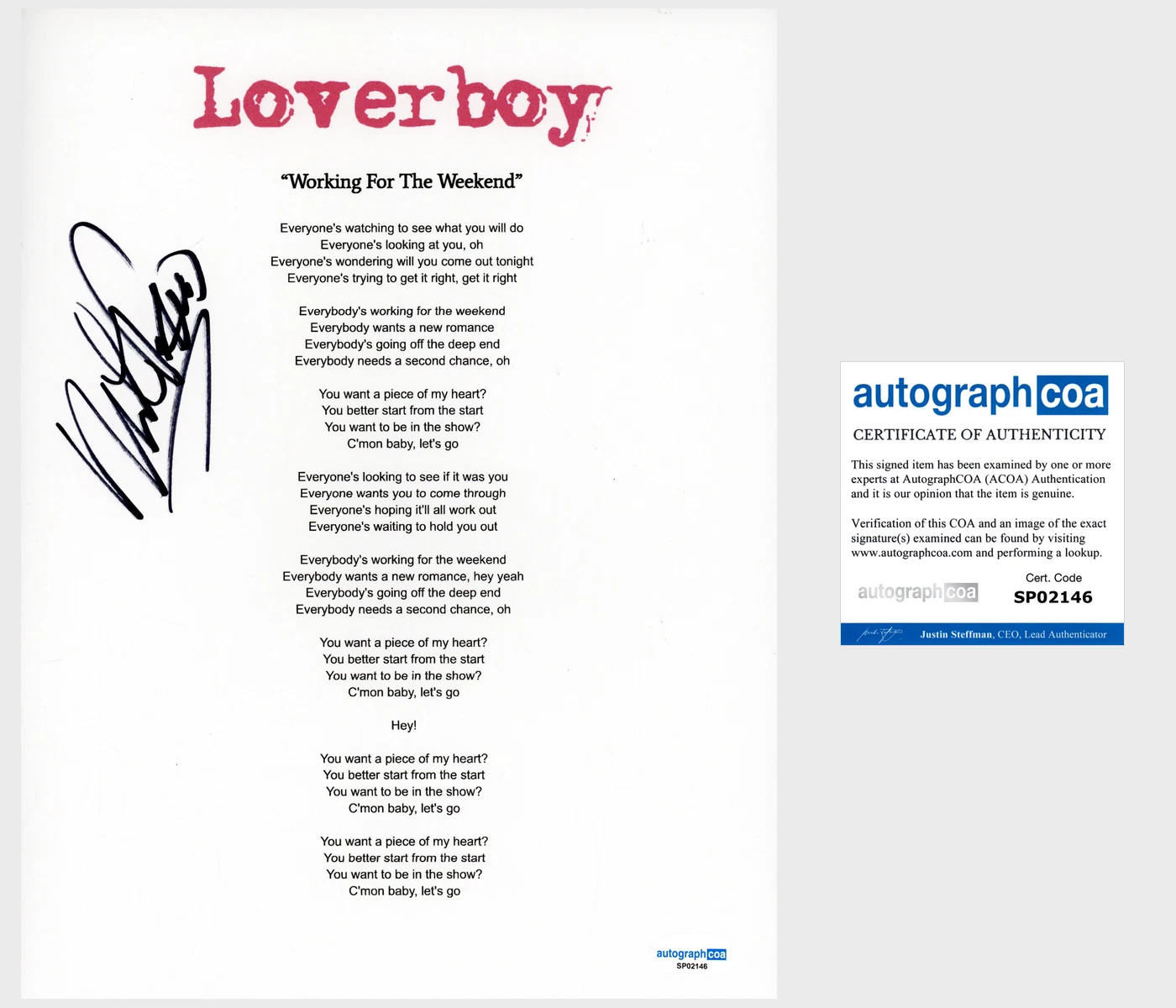 Mike Reno ‘Loverboy’ Band Signed 'Working For The Weekend' Lyric Sheet ACOA