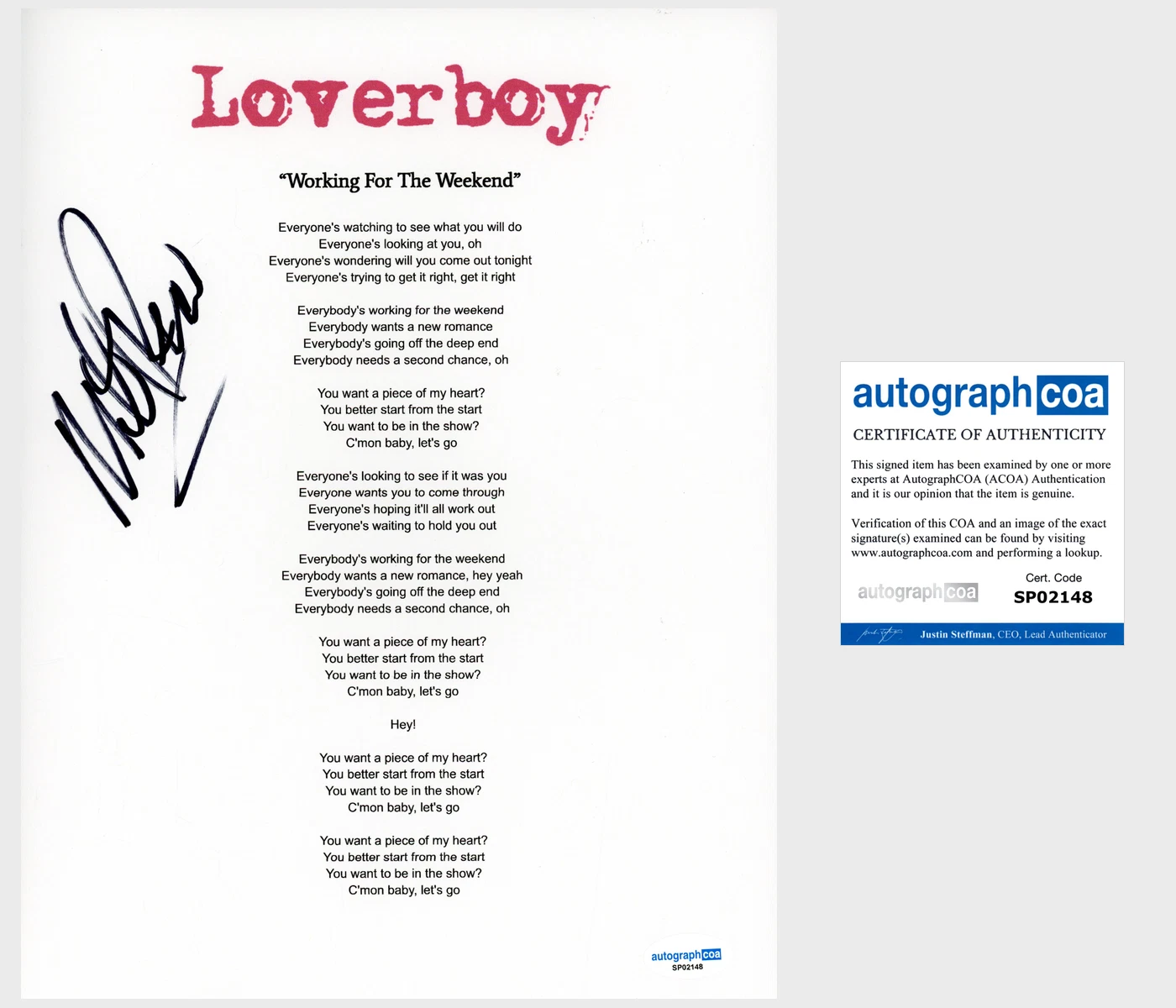 Mike Reno ‘Loverboy’ Band Signed 'Working For The Weekend' Lyric Sheet ACOA