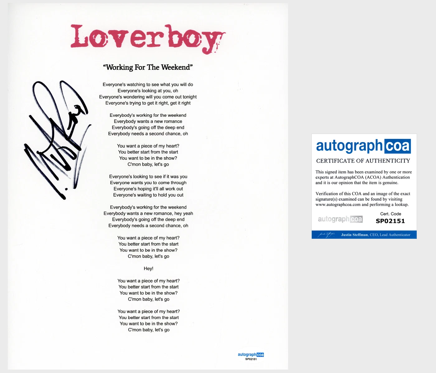 Mike Reno ‘Loverboy’ Band Signed 'Working For The Weekend' Lyric Sheet ACOA