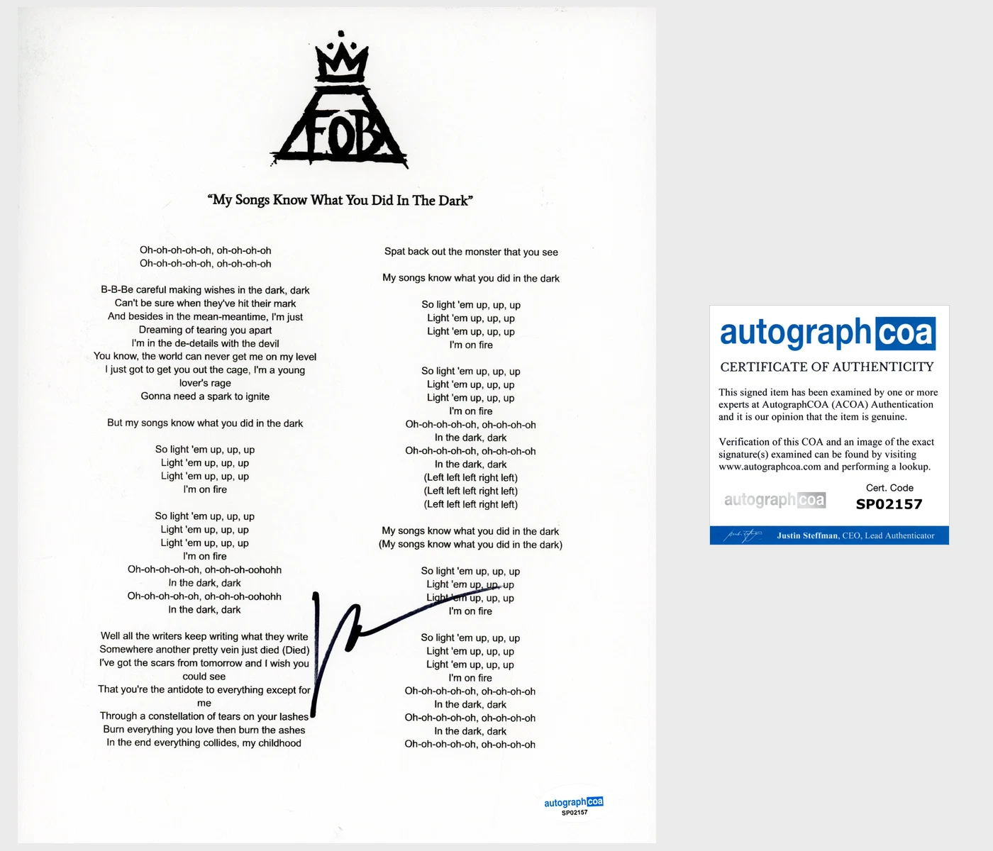 Patrick Stump ‘Fall Out Boy’ Band Signed My Songs Know What You Lyric Sheet ACOA