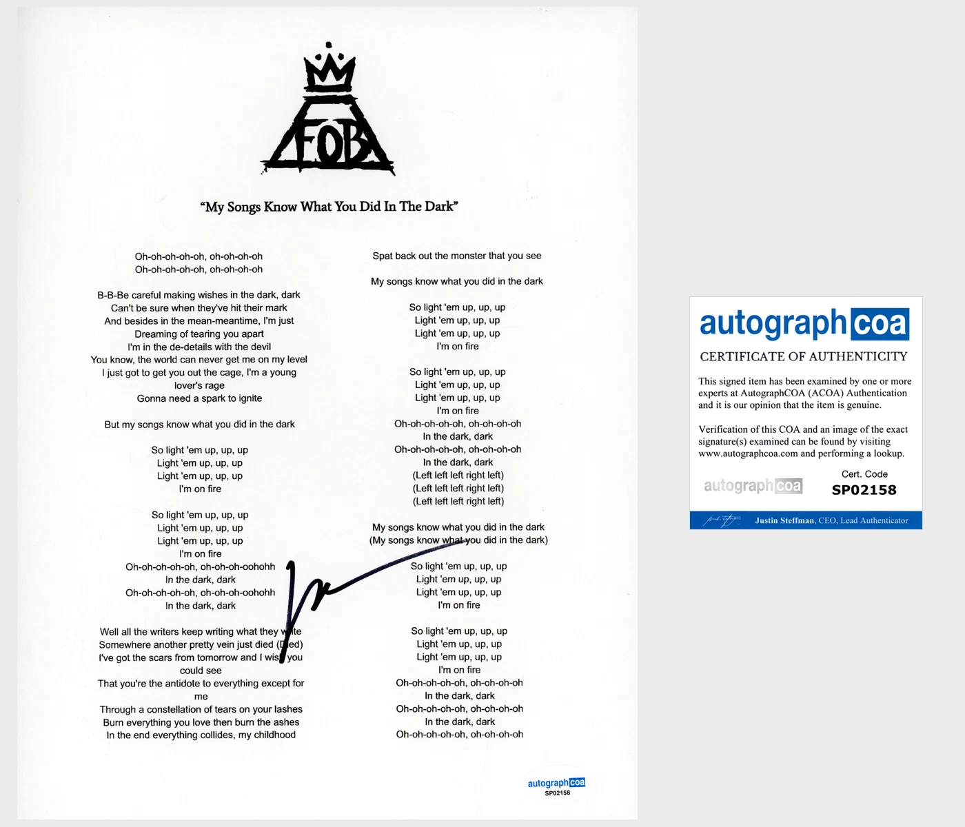 Patrick Stump ‘Fall Out Boy’ Band Signed My Songs Know What You Lyric Sheet ACOA