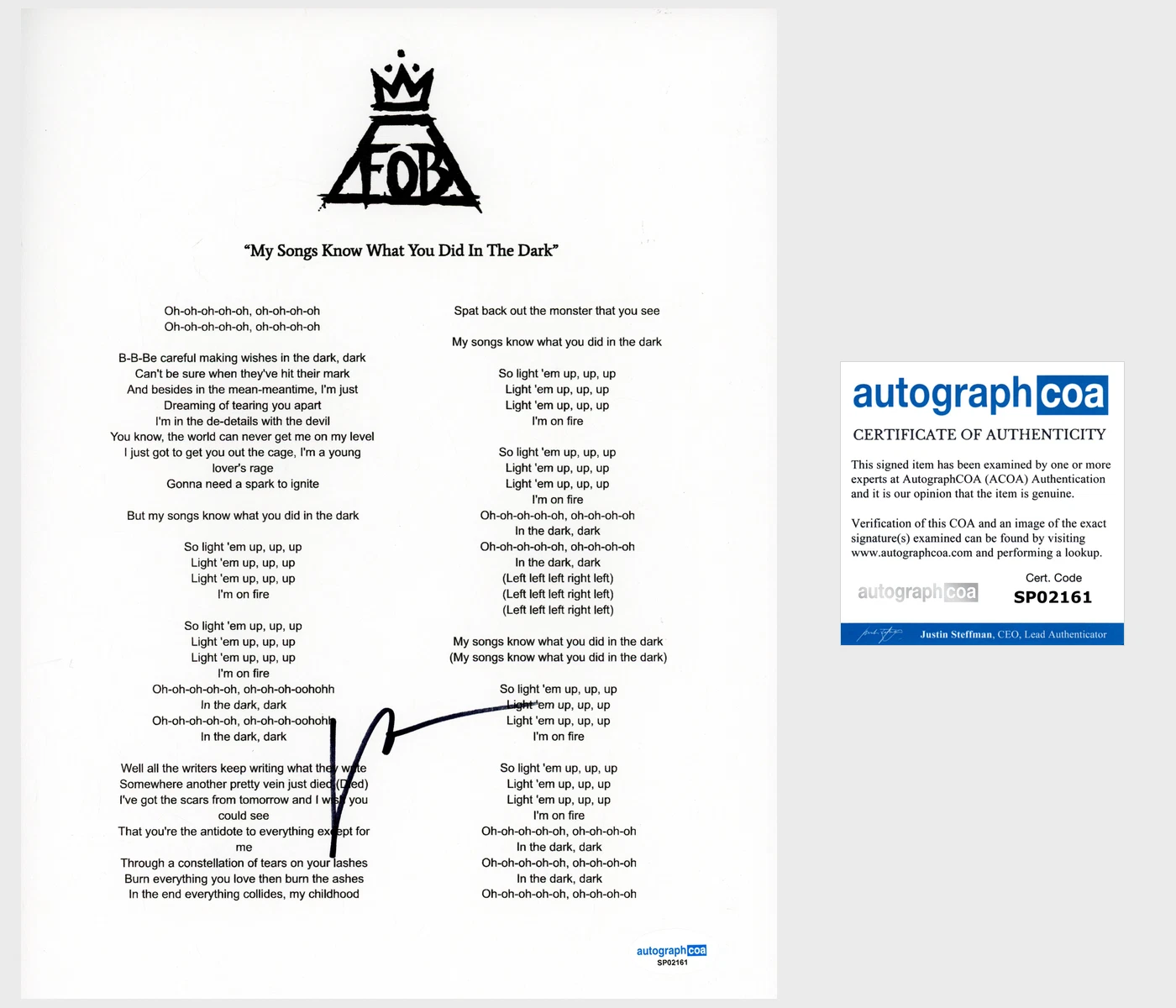 Patrick Stump ‘Fall Out Boy’ Band Signed My Songs Know What You Lyric Sheet ACOA