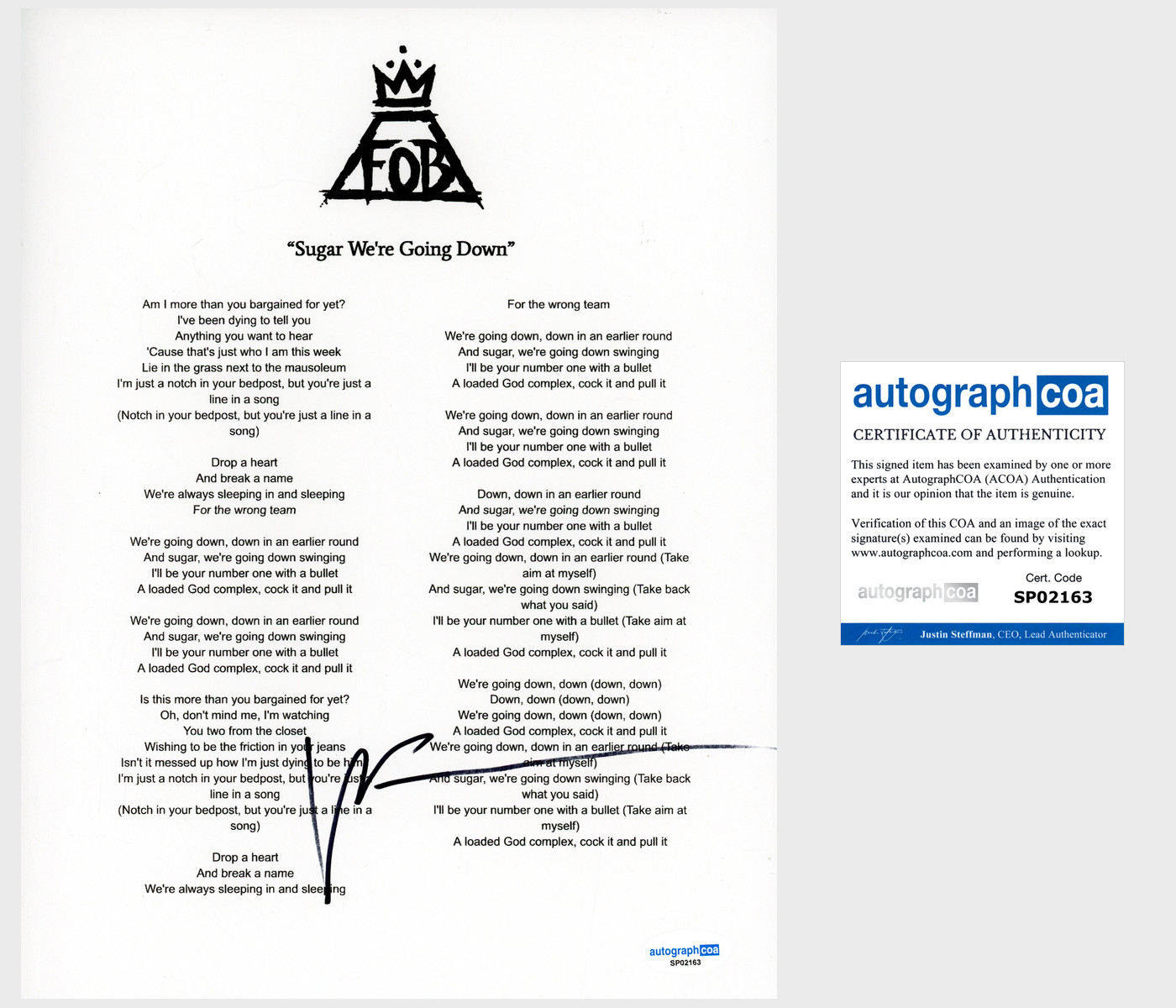 Patrick Stump ‘Fall Out Boy’ Band Signed Sugar We’re Going Down Lyric Sheet ACOA