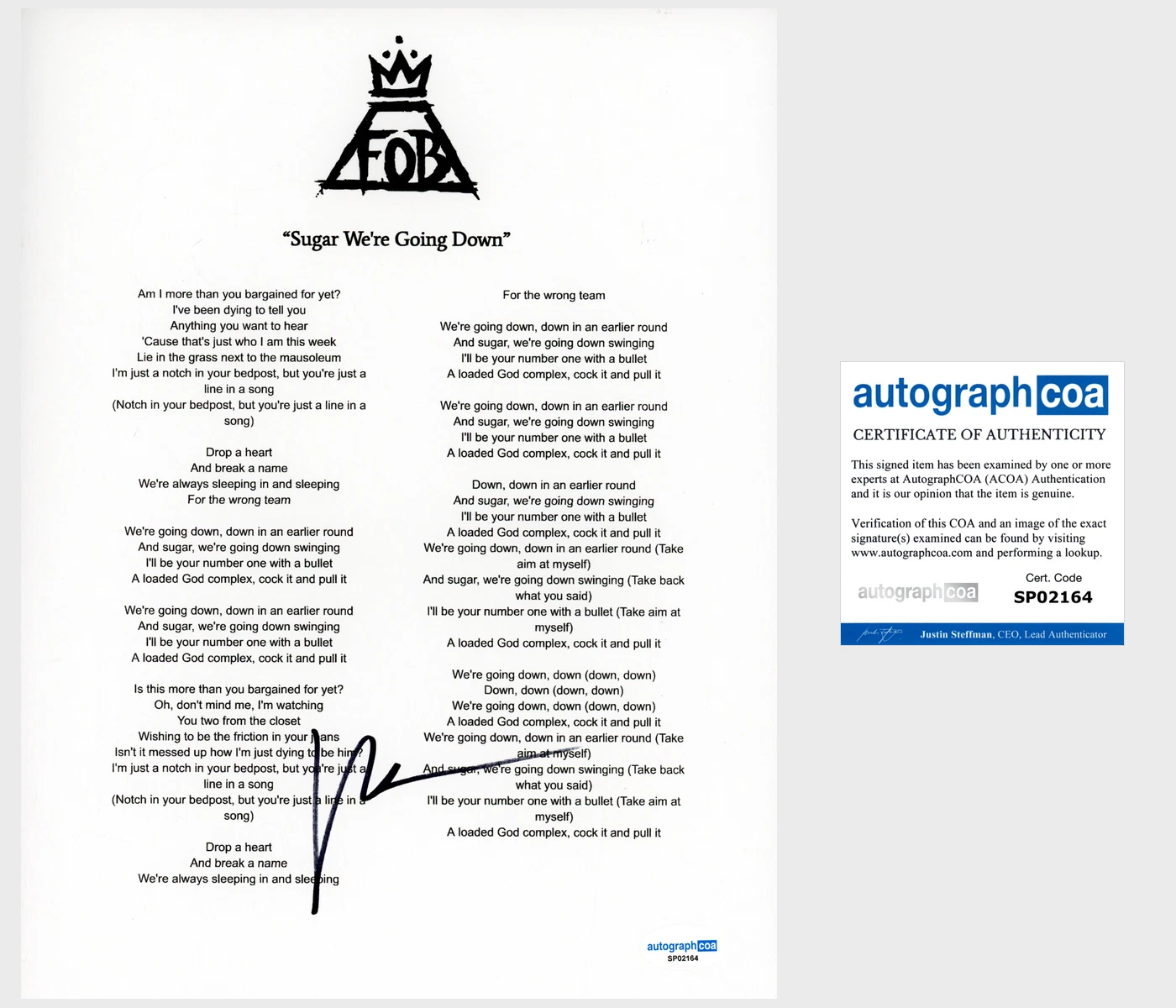 Patrick Stump ‘Fall Out Boy’ Band Signed Sugar We’re Going Down Lyric Sheet ACOA