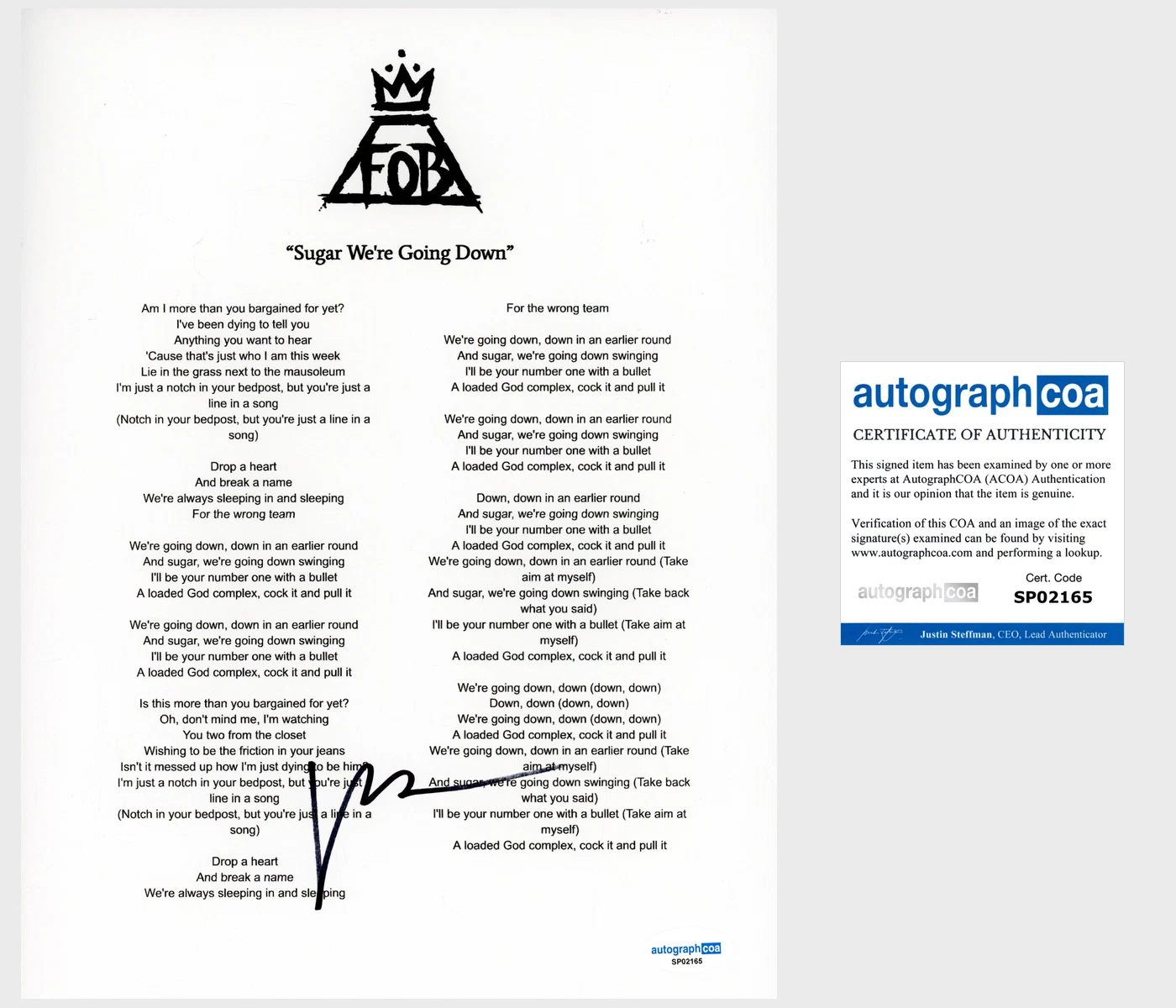 Patrick Stump ‘Fall Out Boy’ Band Signed Sugar We’re Going Down Lyric Sheet ACOA