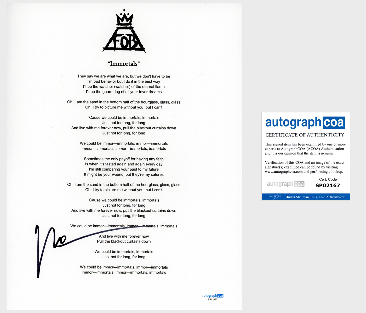 Patrick Stump ‘Fall Out Boy’ Band Signed ‘Immortals’ Lyric Sheet ACOA