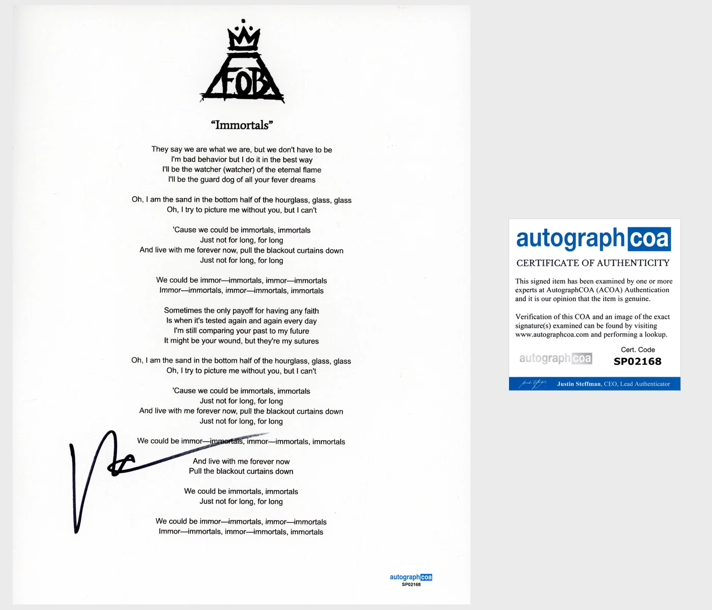 Patrick Stump ‘Fall Out Boy’ Band Signed ‘Immortals’ Lyric Sheet ACOA