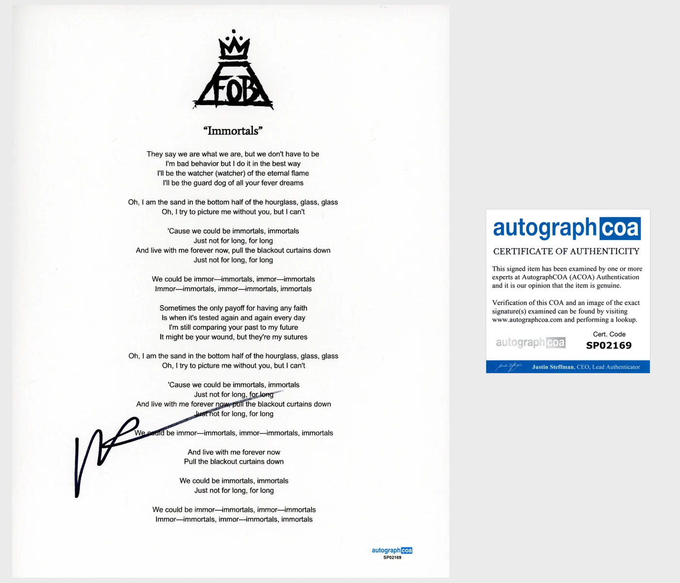 Patrick Stump ‘Fall Out Boy’ Band Signed ‘Immortals’ Lyric Sheet ACOA