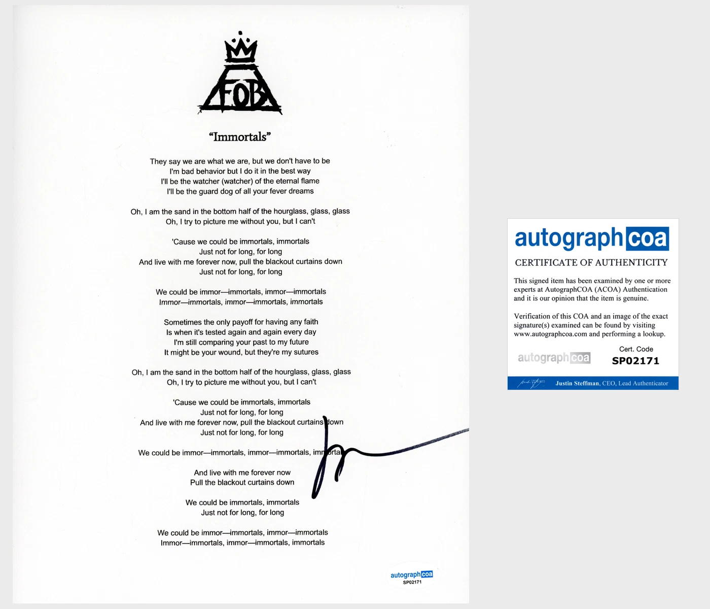 Patrick Stump ‘Fall Out Boy’ Band Signed ‘Immortals’ Lyric Sheet ACOA