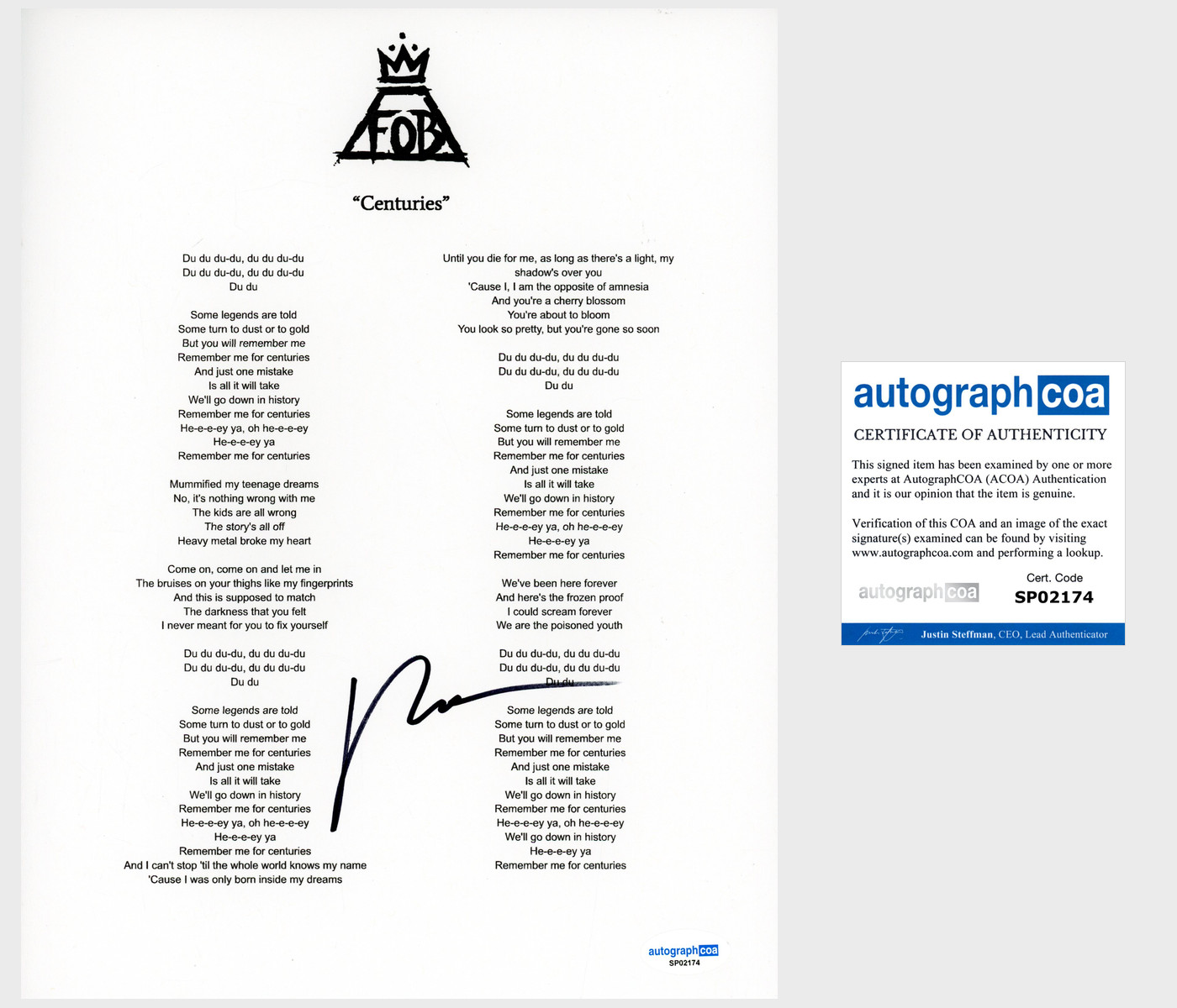 Patrick Stump ‘Fall Out Boy’ Band Signed ‘Centuries’ Lyric Sheet ACOA