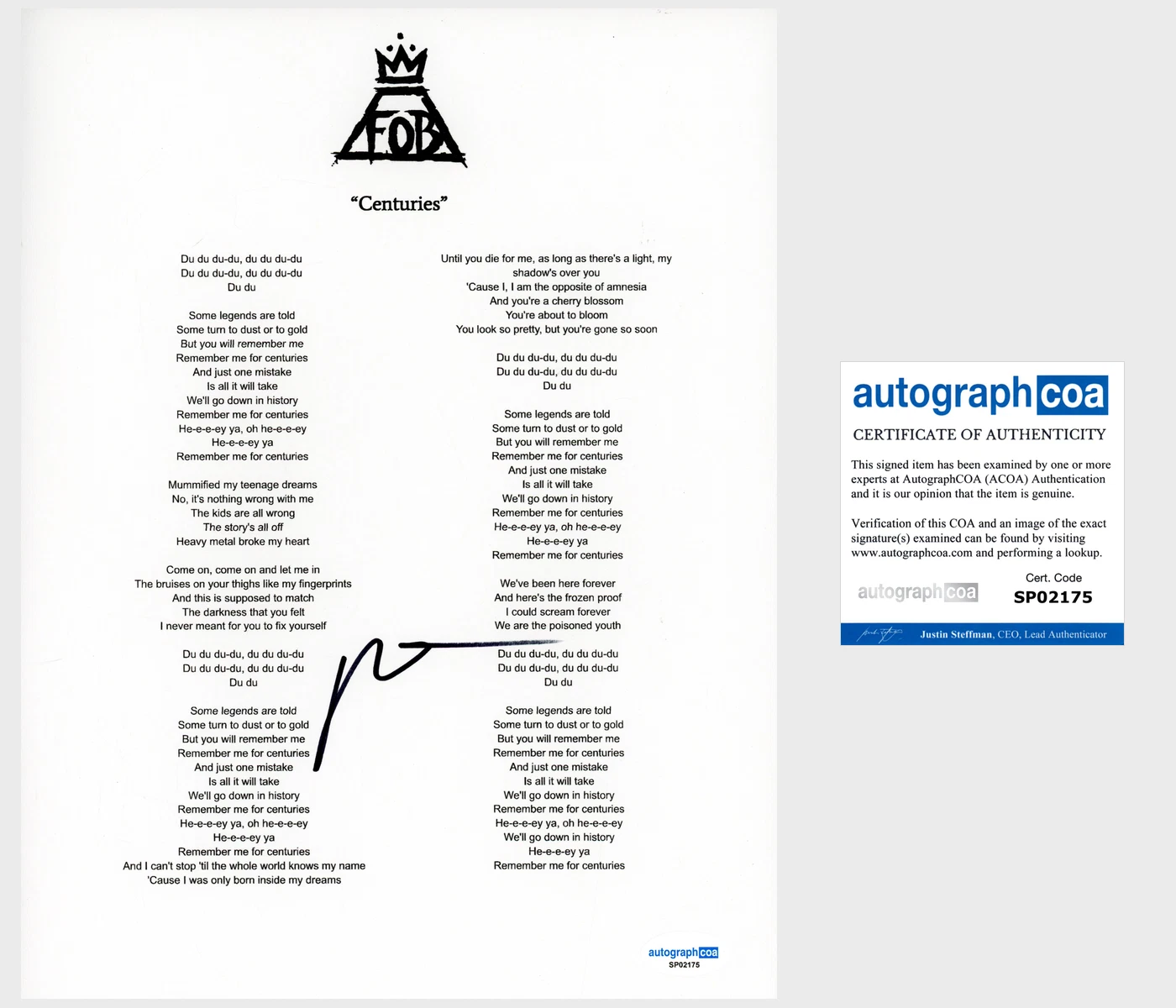 Patrick Stump ‘Fall Out Boy’ Band Signed ‘Centuries’ Lyric Sheet ACOA