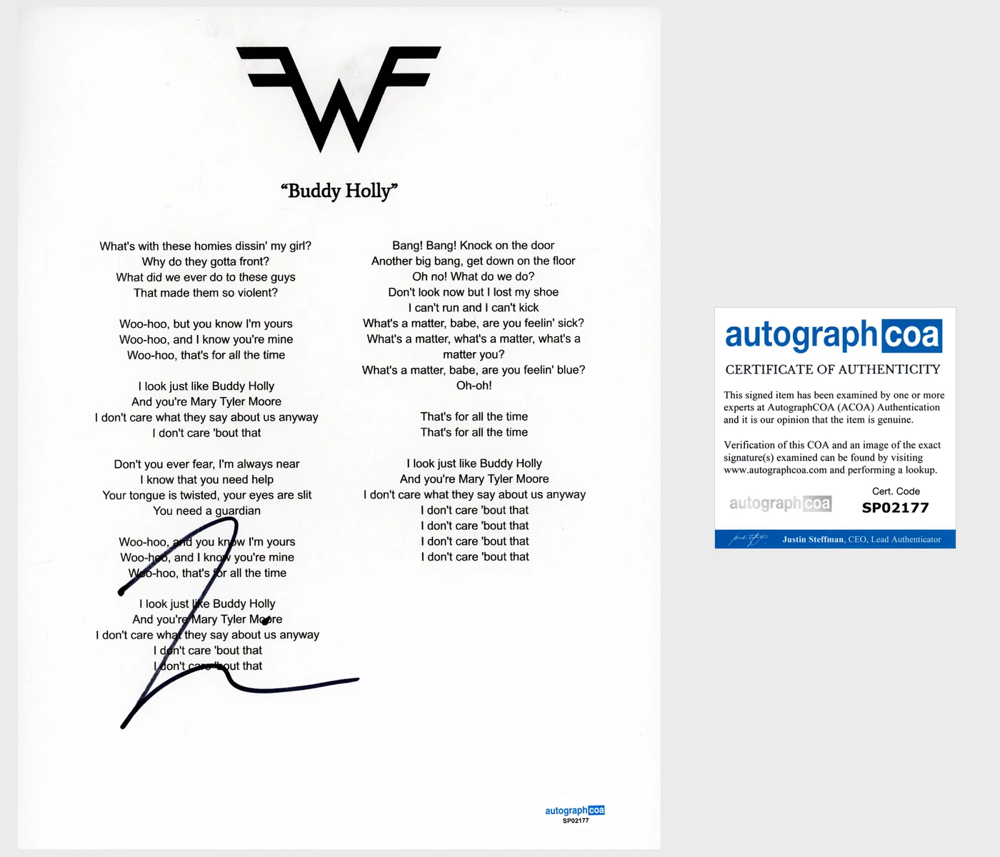 Rivers Cuomo ‘Weezer’ Band Signed Lyric Sheet 'Buddy Holly' ACOA Lead Singer