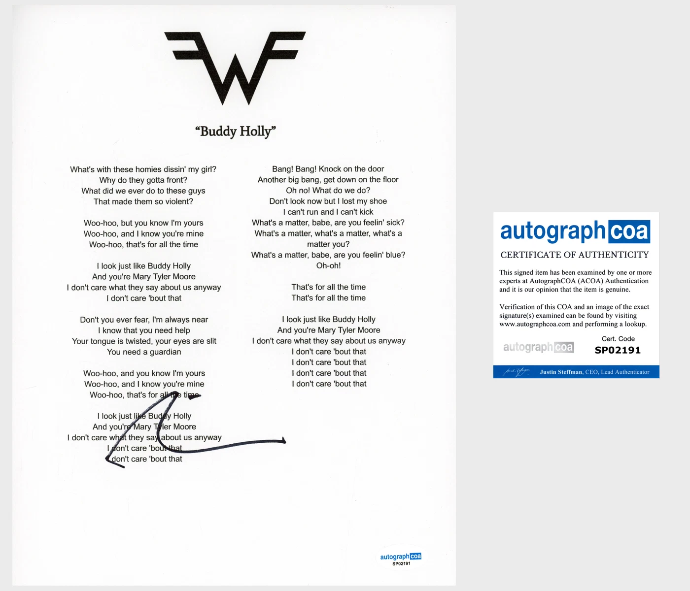 Rivers Cuomo ‘Weezer’ Band Signed Lyric Sheet 'Buddy Holly' ACOA Lead Singer