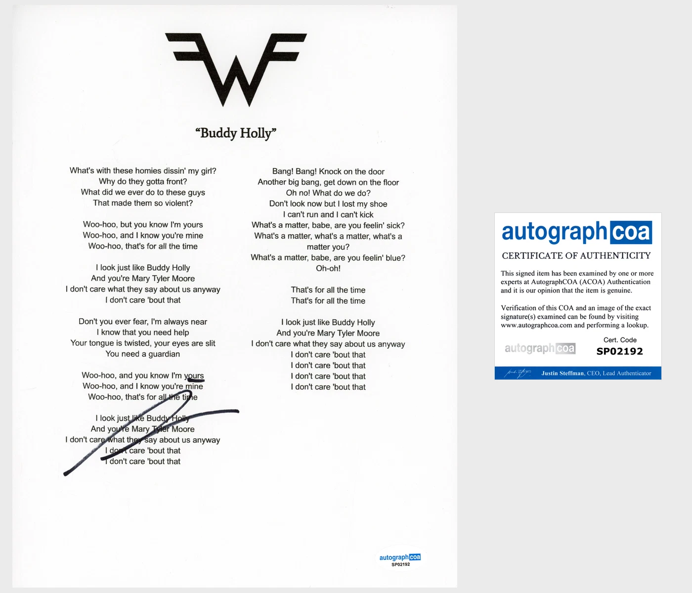 Rivers Cuomo ‘Weezer’ Band Signed Lyric Sheet 'Buddy Holly' ACOA Lead Singer